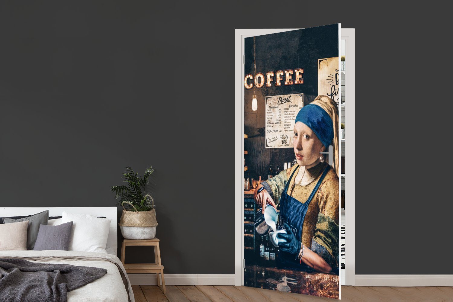 St), - Barista Fototapete 75x205 Kaffee - - Vermeer Türtapete Cappuccino Mädchen Matt, mit (1 Türaufkleber, -, bedruckt, - für Tür, MuchoWow cm Perlenohrring