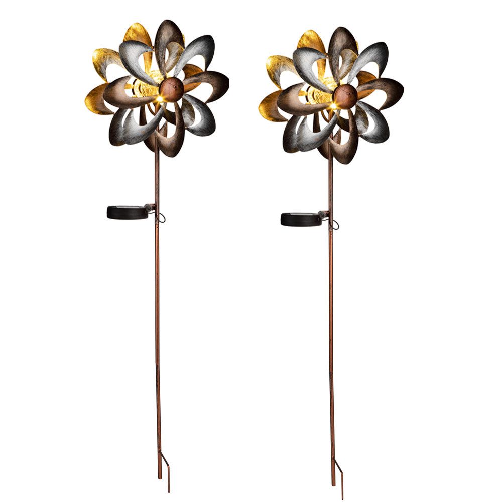 Haushalt International LED Solarleuchte, LED-Leuchtmittel fest verbaut, Warmweiß, LED Solarleuchte Gartendeko Windrad Blume Erdspieß Außenlampe 92 cm 2x