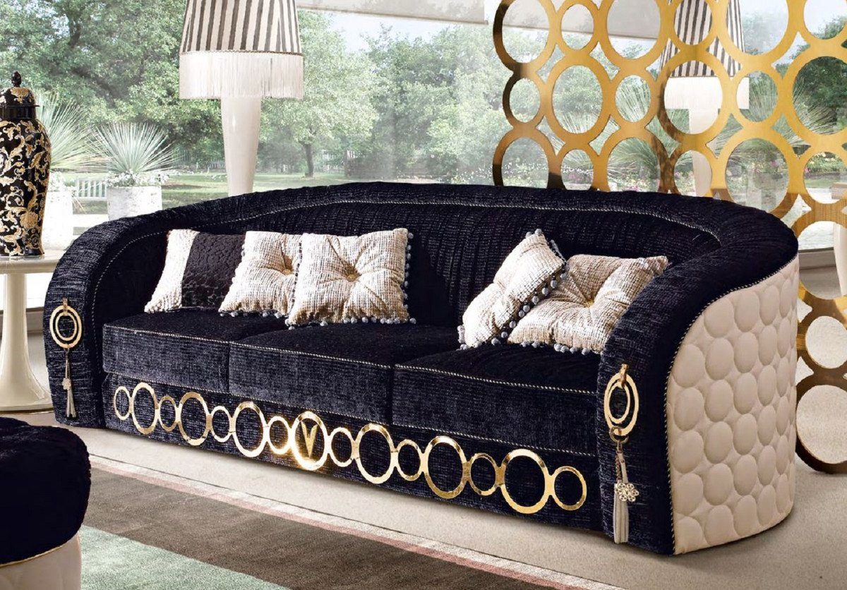 Casa Padrino Sofa Luxus Sofa mit Metall Ornamenten Schwarz / Beige / Gold  260 x 103 x H. 80 cm - Luxus Wohnzimmer & Hotel Möbel - Erstklassische  Qualität - Made in Italy