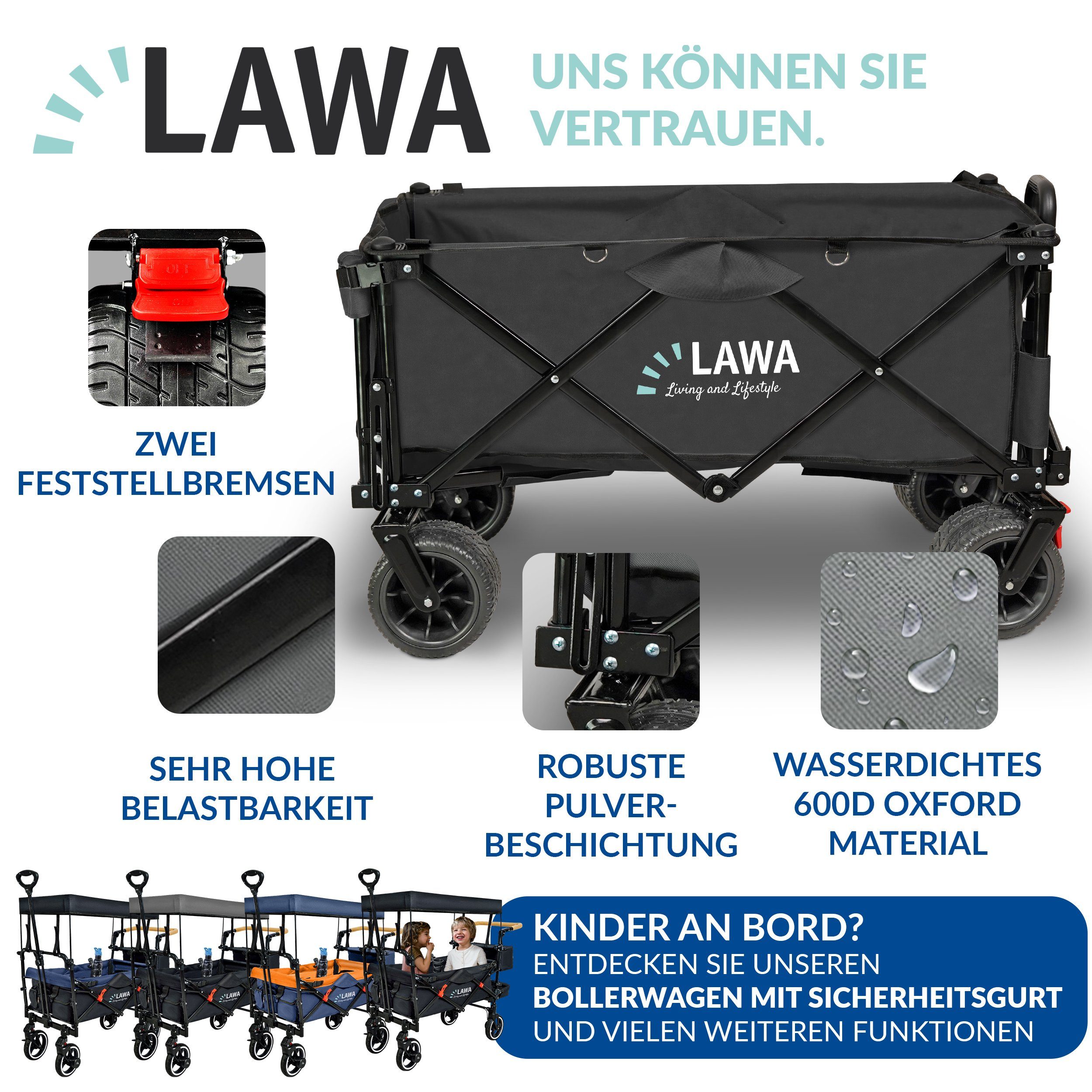 LAWA Living and Lifestyle Bollerwagen faltbar klein 100kg Traglast Handwagen mit Bremse verlängerbar (12,4kg leicht), mit Heckklappe, sehr kleines Packmaß, klappbar, ohne Dach, Schwarz