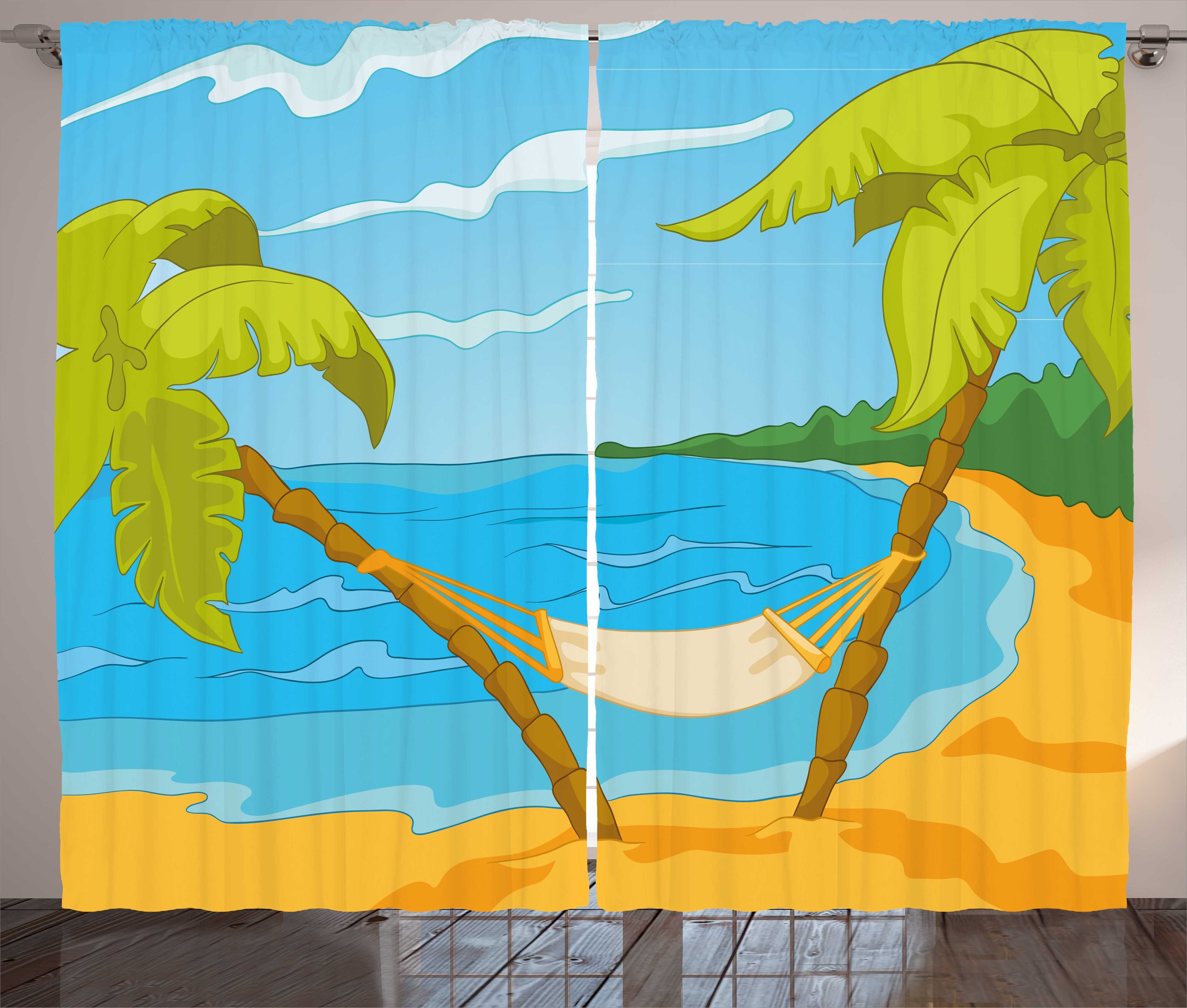 Gardine Schlafzimmer Kräuselband Vorhang mit Schlaufen und Haken, Abakuhaus, Art Blue Cartoon Hammock Sea Beach