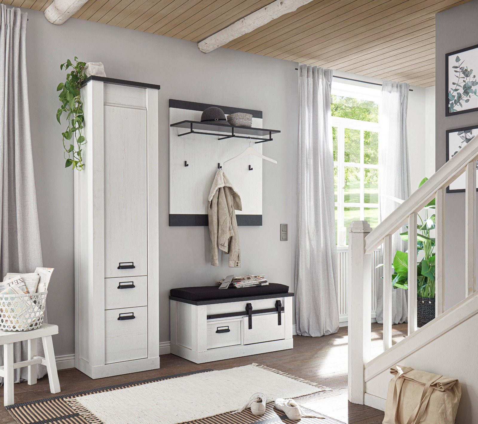 Furn.Design Garderoben-Set Stove, (Flurgarderobe in Pinie weiß Landhaus, 3-teilig, inklusive Sitzkissen), mit Schiebetür und Soft-Close-Funktion
