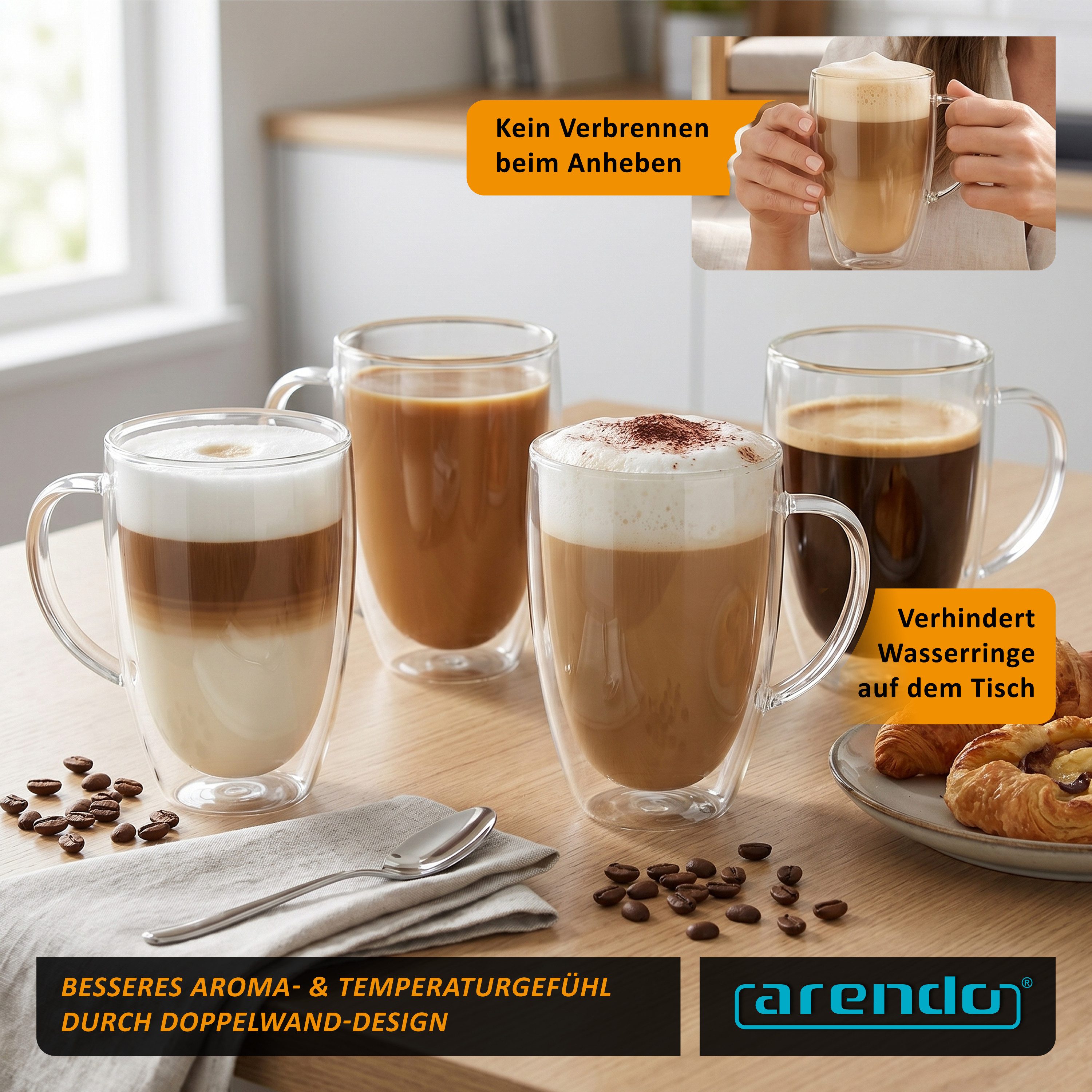 Arendo Gläser-Set Thermoglas Set 4x 450 ml, doppelwandig, mit Henkel, Borosilikatglas, 4-tlg., Glas, für Latte Macchiato, Cappuccino, Tee, hitzebeständig spülmaschinenfest