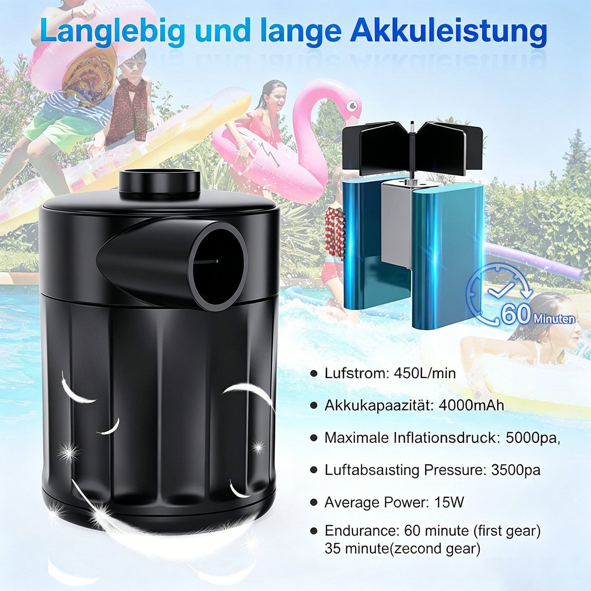 ibettertec Akku-Luftpumpe Akku-Luftpumpe Elektrische Luftpumpe 5Kpa Schnell Inflator mit 4 Düsen (Set, 4 Luftdüse, Ladekabel, Aufbewahrungstasche, Luftpumpe), 2 – Bild 5 von 5