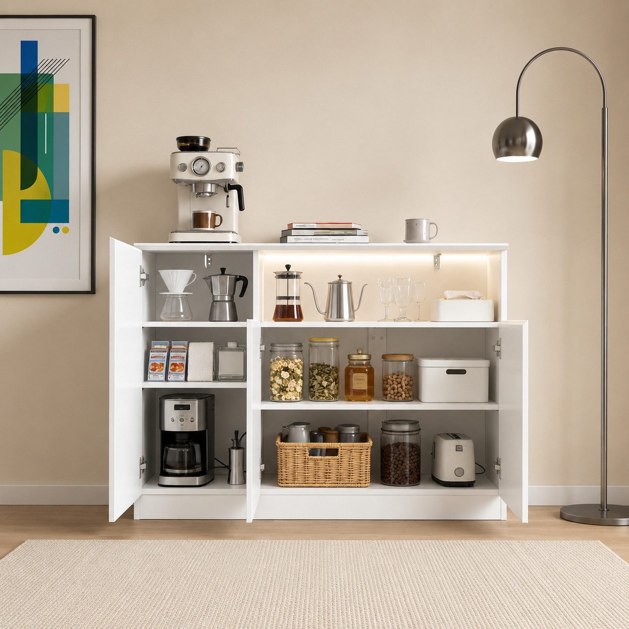 FUFU&GAGA Sideboard Hochglanz Kommode mit LED-Beleuchtung, weiß, 80-200 cm – Bild 3 von 5