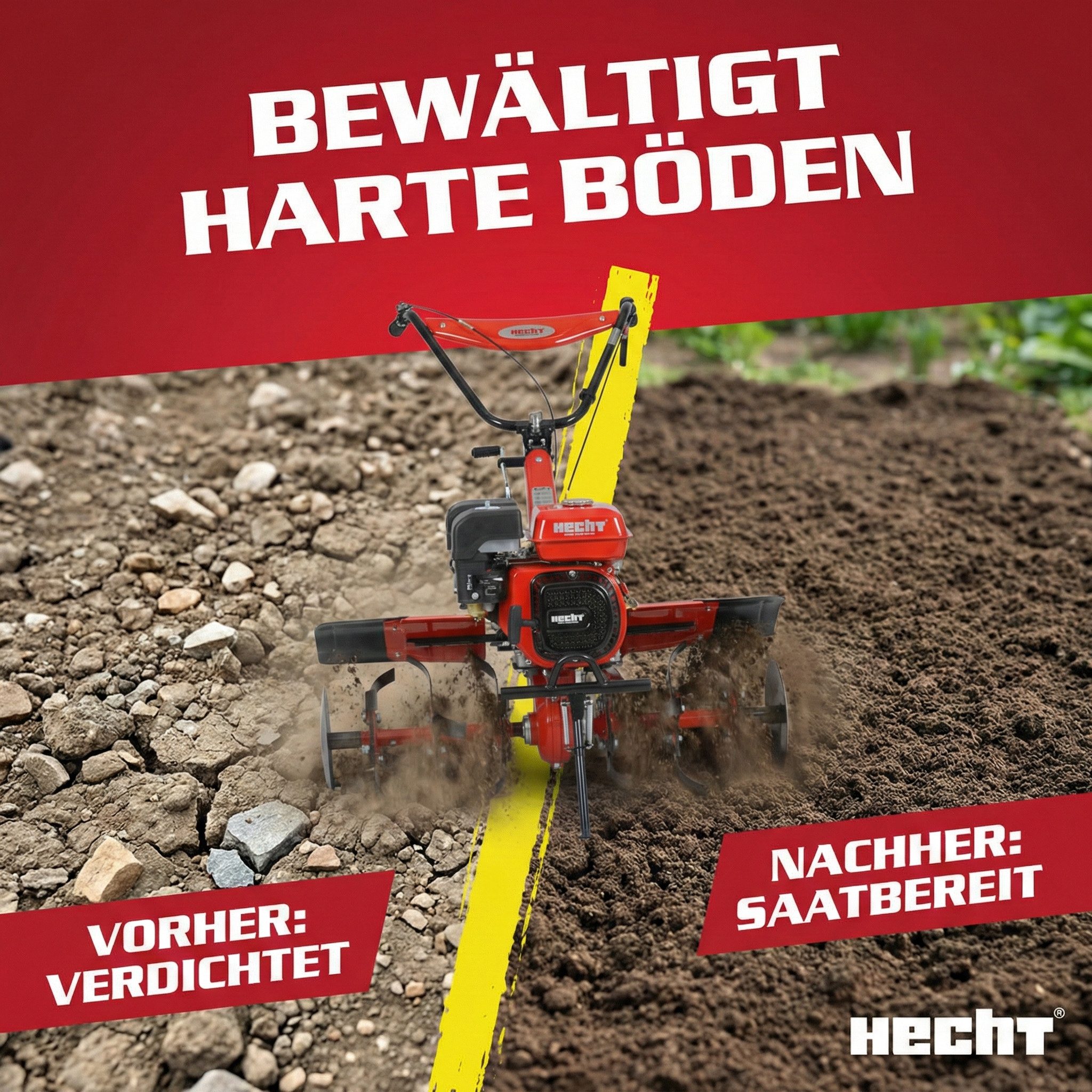 Hecht Benzinmotorhacke Gartenfräse mit Anhänger 7 PS Gartenhacke Motorfräse Bodenhacke, 104,2 cm Arbeitsbreite, 1-St., 13,5 km/h, 208 cm³, Stahlgehäuse