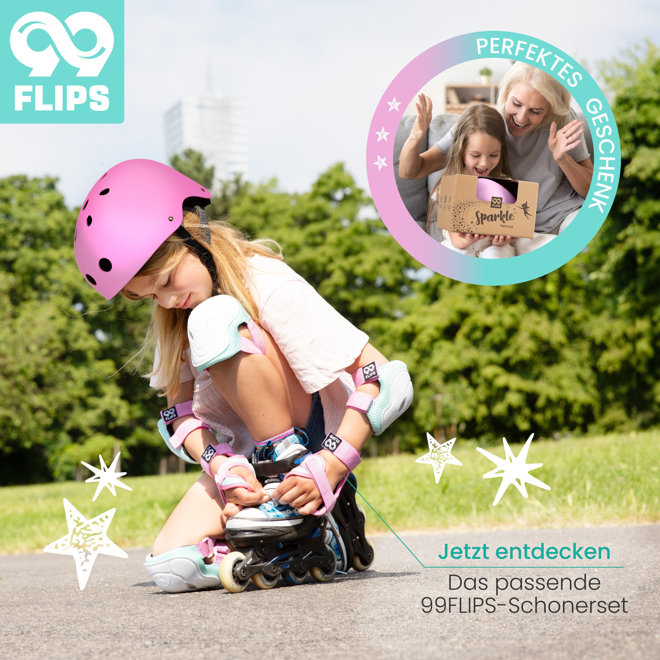 99FLIPS Fahrradhelm Mädchen ab 3 Jahre Skateboard Helm Kinder Einhorn Design, Kinderhelm Inliner Fahrrad Helm Pink Kleinkinder Schlittschuhe