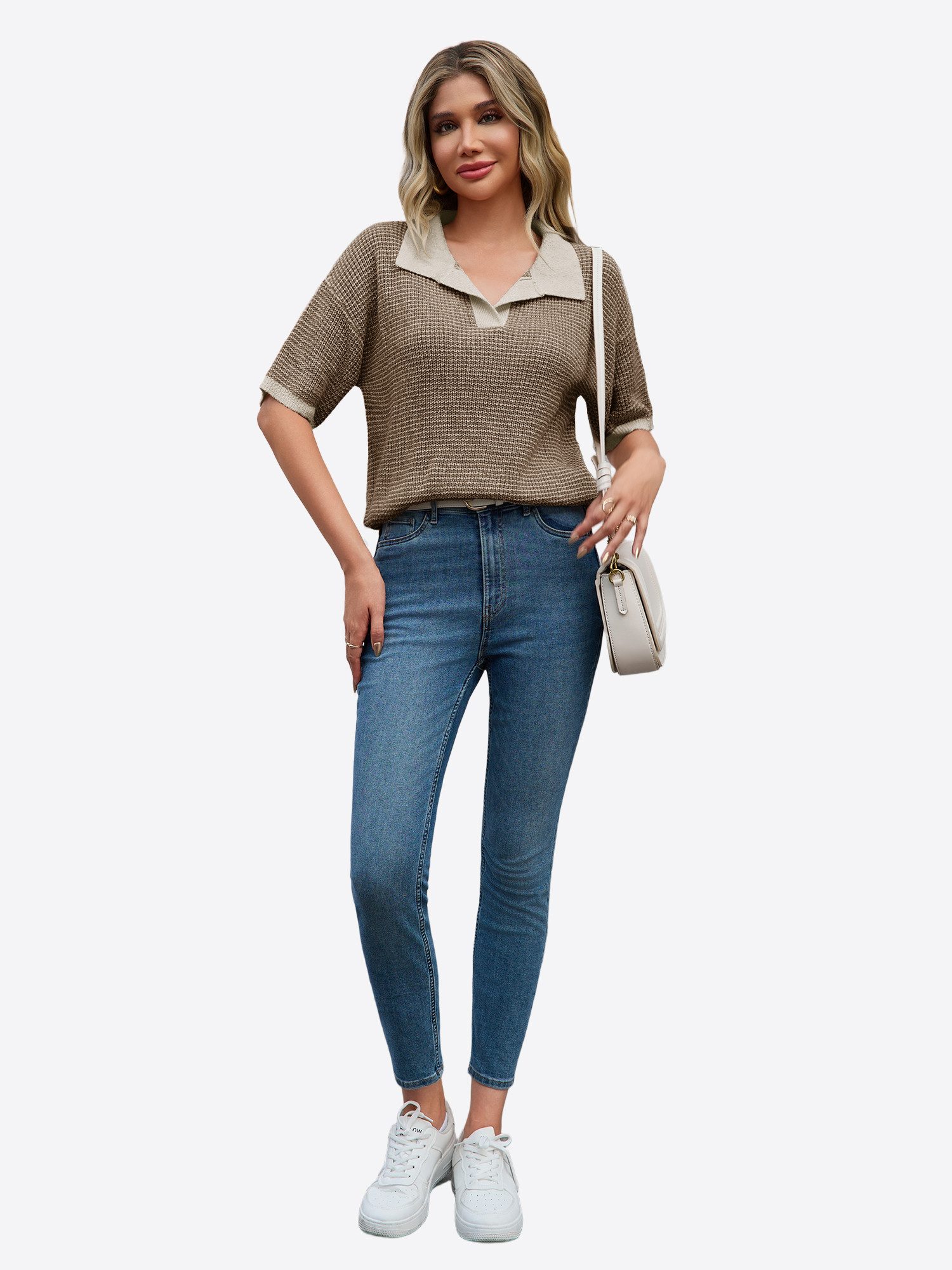 Imily Bela Strickpullover Damen gestreifter Pullover mit Polokragen (Packung, 1-tlg., 1per-Pack) V-Ausschnitt