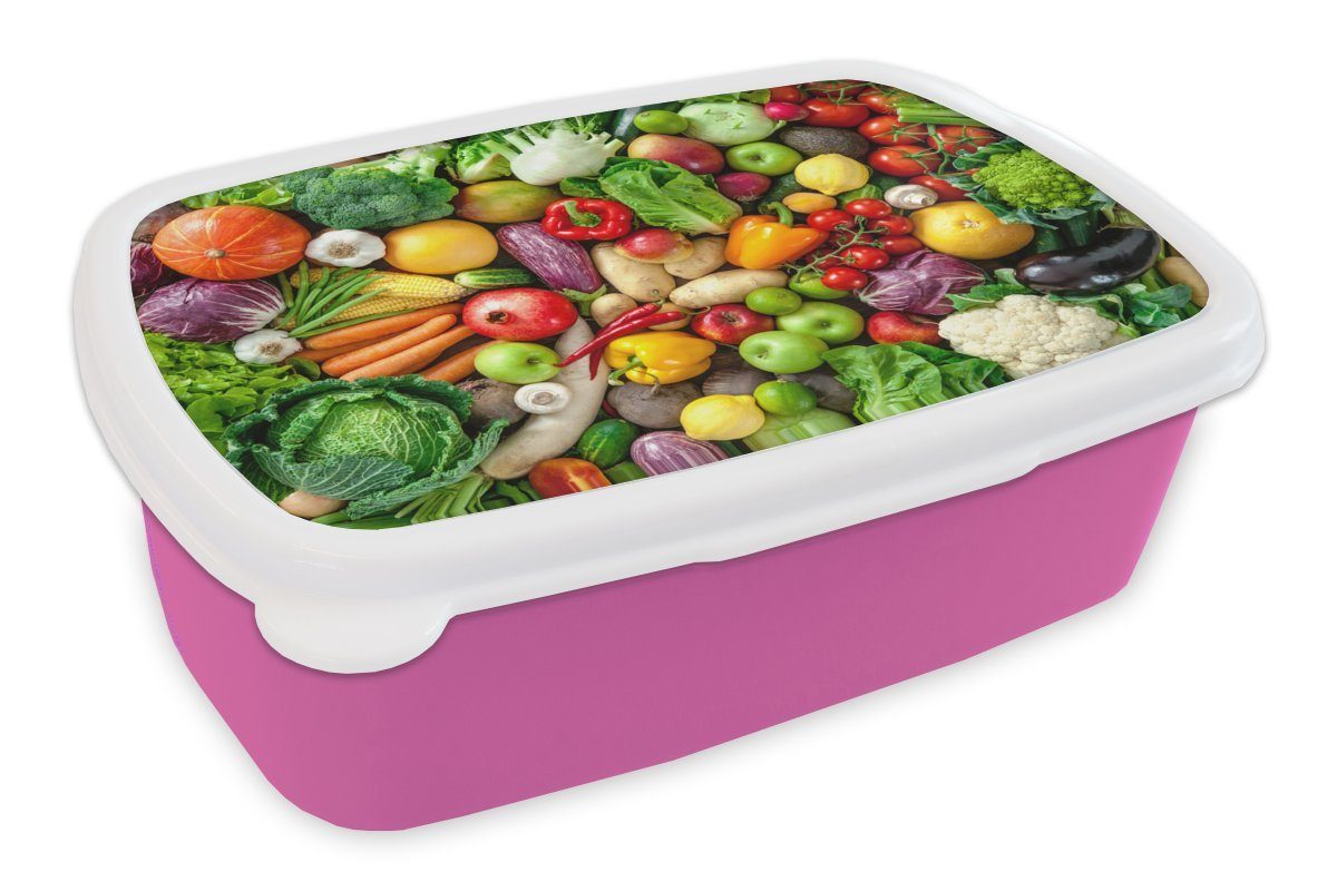 MuchoWow Lunchbox Obst - Gemüse - Apfel, Kunststoff, (2-tlg), Brotbox für Erwachsene, Brotdose Kinder, Snackbox, Mädchen, Kunststoff rosa