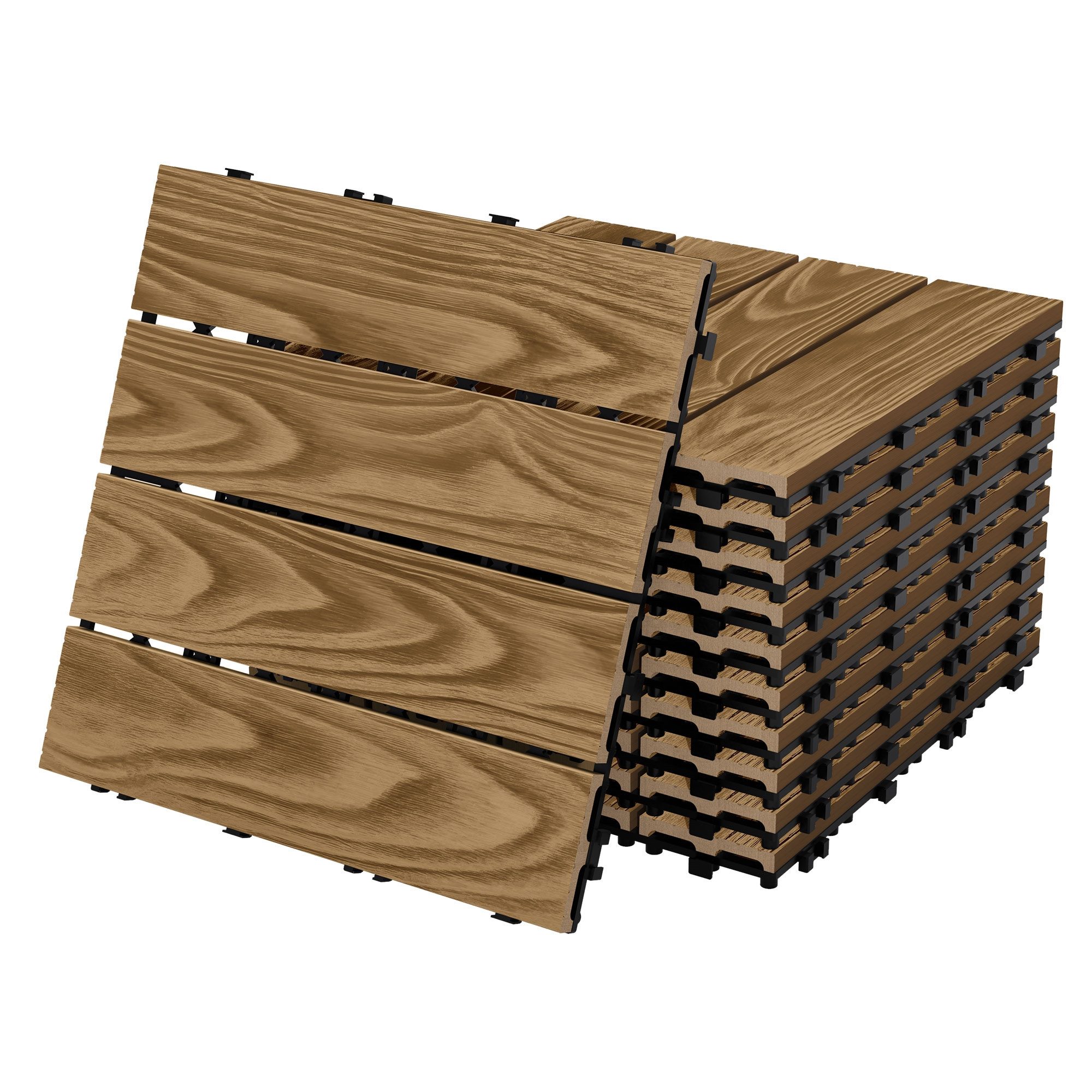 ECD Germany Terrassendielen WPC Bodenplatte Terrassenfliesen Fliesen mit Drainage und Klicksystem, BxL: je 30x30 cm, Bodenbelag 1m²/11 Stück Teak rutschfest Balkonfliesen