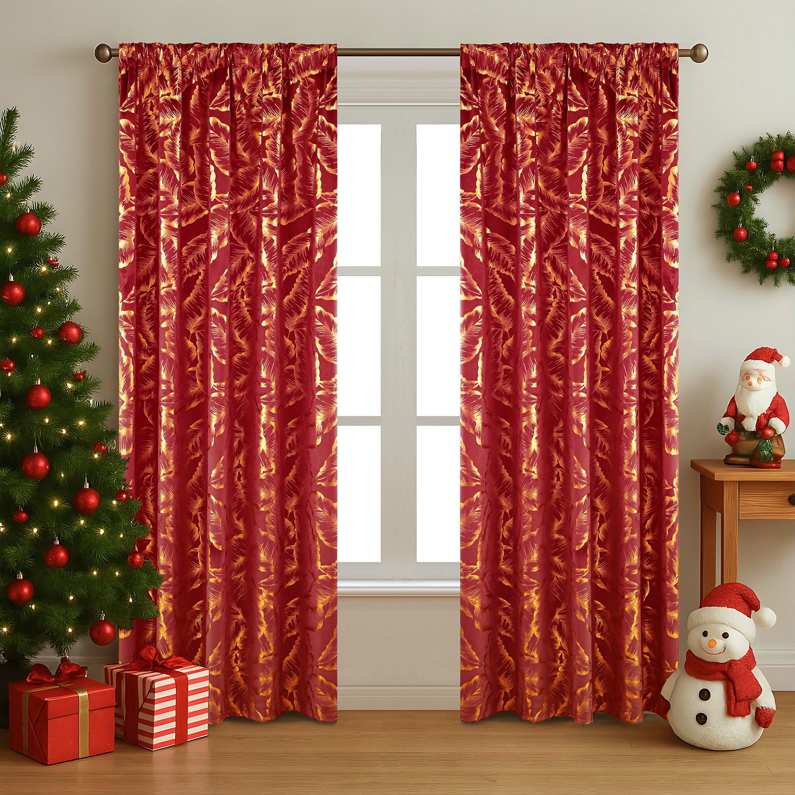 Rosnek Gardine Weihnachtsvorhang Samt, Verdunkelungsvorhang mit Goldblättern, 2er Set, Samtvorhang 2-teilig mit Goldfolie für Wohnzimmer und Schlafzimmer