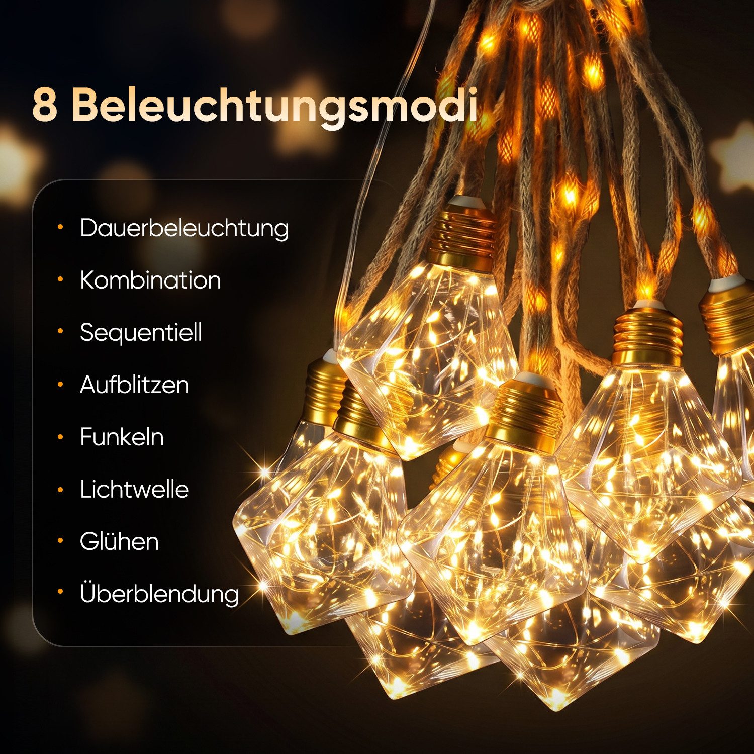 Salcar LED Solarleuchte Solar Lichterkette Warmweiß Hanfseil Glühbirnen Vintage Garten, LED, 5m Lichterkette + 3m Zuleitung, 10 Diamant Glühbirne mit 149 LED