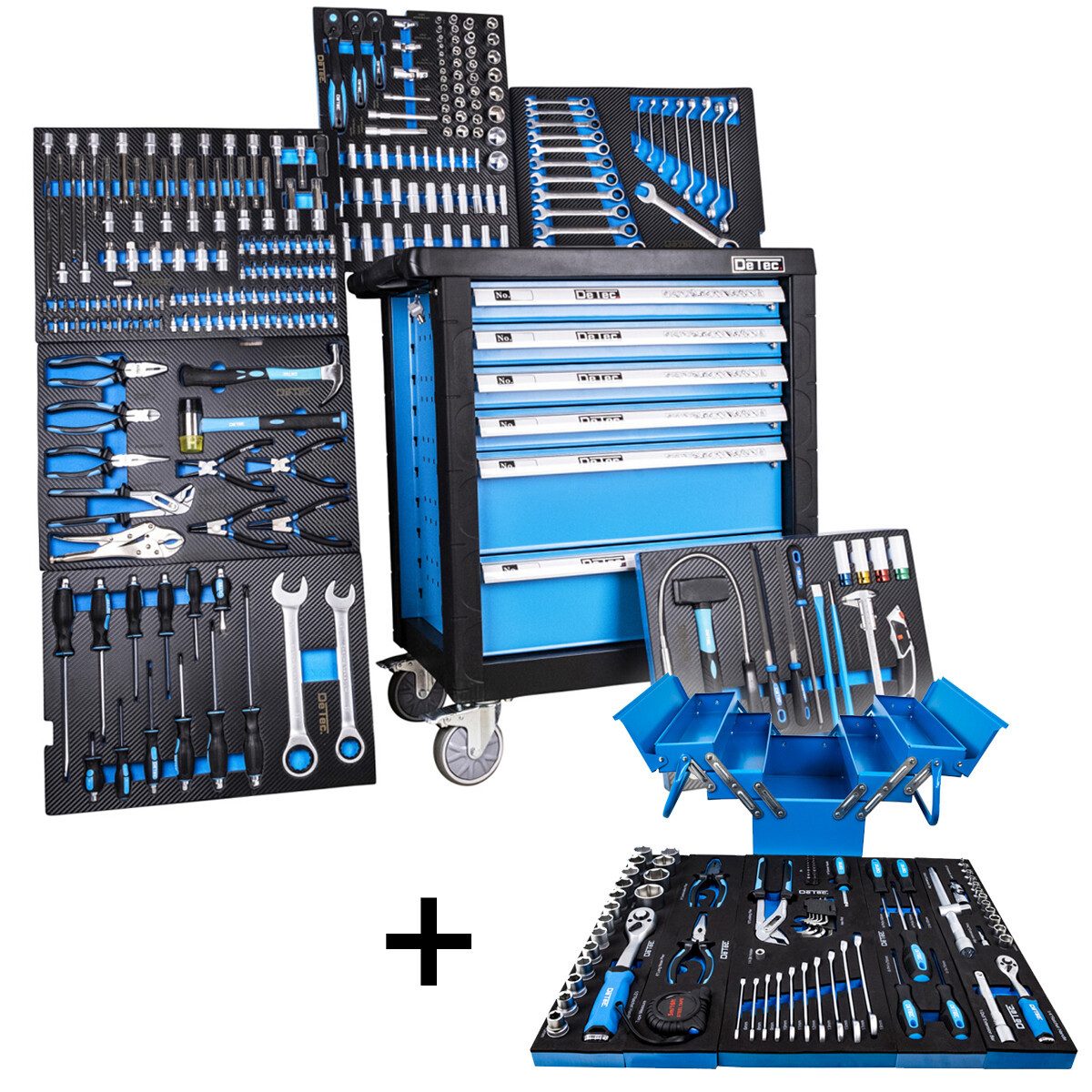 DeTec. Werkstattwagen 3066 Werkzeugkiste gefüllt 6/6 Schubladen + DeTec. 86 tlg. Klappkiste, Werkzeugeinleger mit pflegeleichtem Carbon-Finish