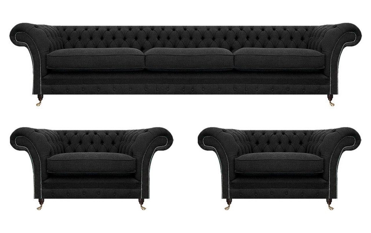 JVmoebel Chesterfield-Sofa Schwarzes Chesterfield-Sofa aus hochwertigem Material, 3 Teile, Made in Europa