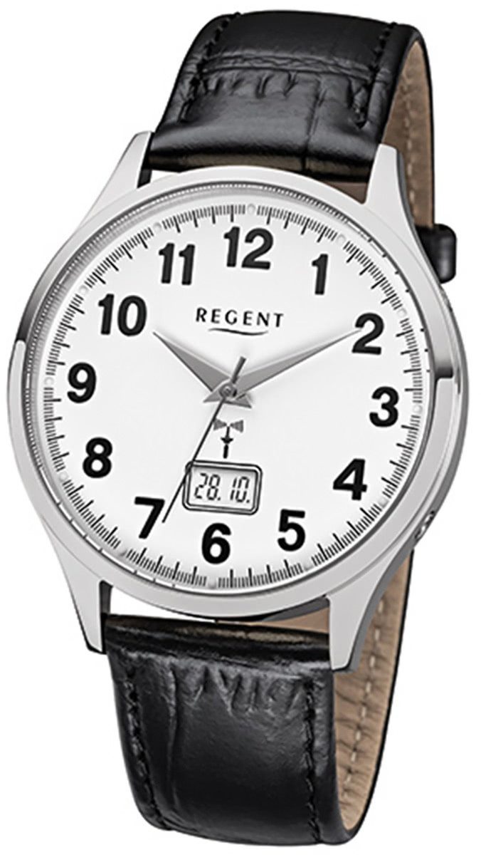 Regent Funkuhr Regent Herren-Armbanduhr schwarz, (Funkuhr), Herren Funkuhr rund, groß (ca. 40mm), Lederarmband