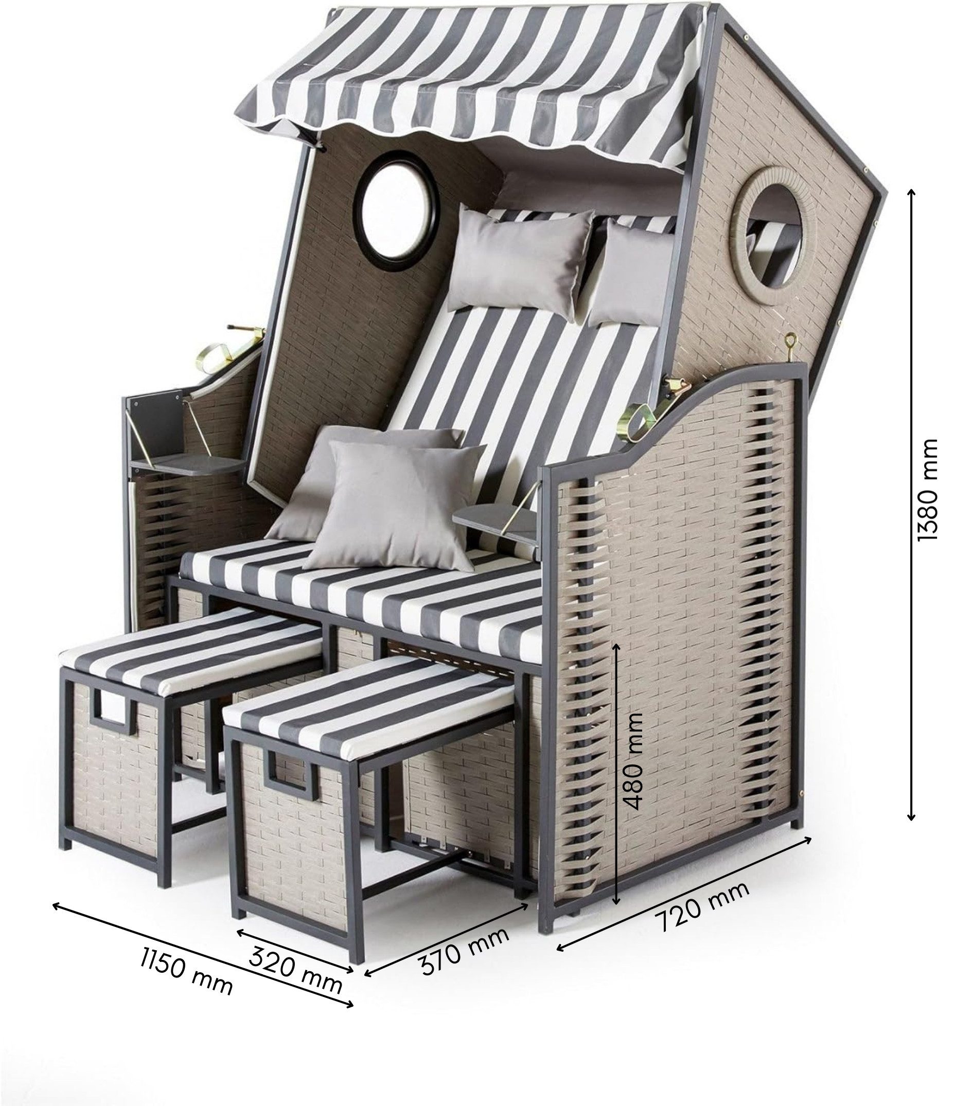 Wohnando Strandkorb Strandkorb "Crew", 115x73x158cm (BxTxH), (1-tlg), im Martimen Design mit Bullauge, für 2 Personen
