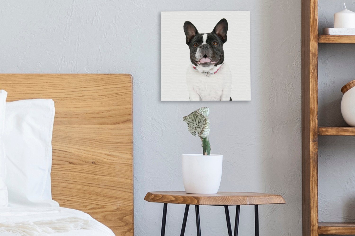 Französische OneMillionCanvasses® Bulldogge Schlafzimmer St), Schwarz - Leinwand Leinwandbild Weiß, für (1 - Bilder Wohnzimmer