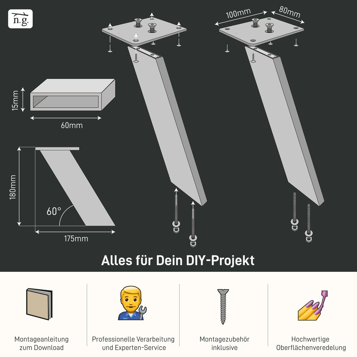 Natural Goods Berlin Wandregalhalter Barknsole SCHRÄG, 2-tlg., Tresenfuß, Konsole für Theken, Schränke, Aufsatzstütze, Schwarz
