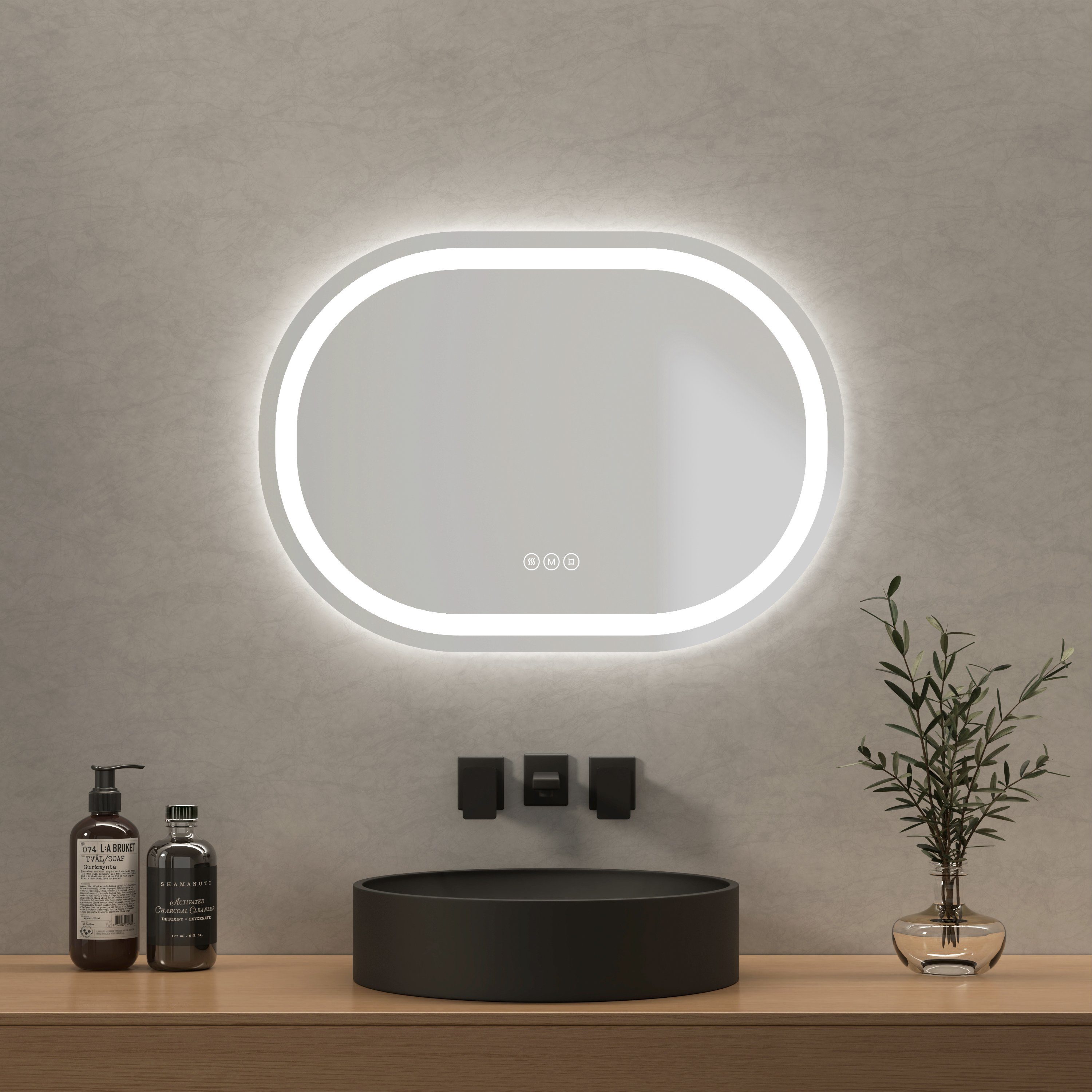 EMKE Badspiegel Oval Badspiegel mit Beleuchtung LED Badezimmerspiegel, mit Touchschalter, 3 Lichtfarben dimmbar, Beschlagfrei