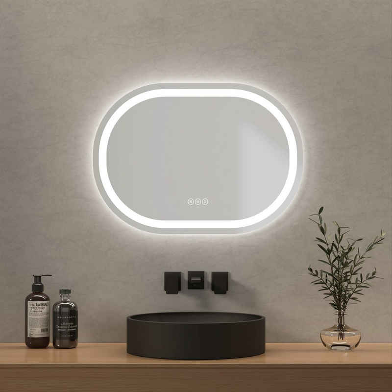 EMKE Зеркало для ванной комнаты Oval Зеркало для ванной комнаты mit Beleuchtung LED Badezimmerspiegel, mit Touchschalter, 3 Lichtfarben dimmbar, Beschlagfrei