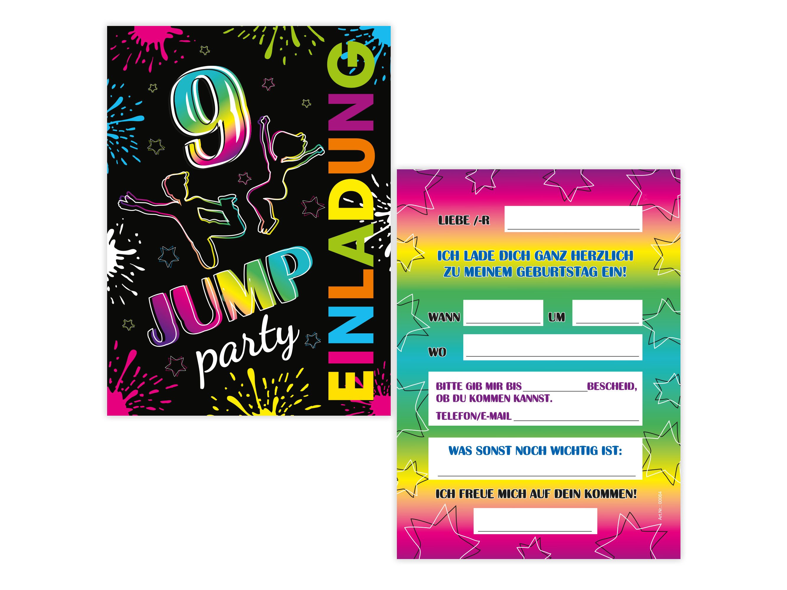 LIMONIA Einladungskarten Jump Party zum 9. Kindergeburtstag Jungs Mädchen Einladungen Trampolin, Einladungskarten zum 9. Geburtstag Trampolinpark Jump Party