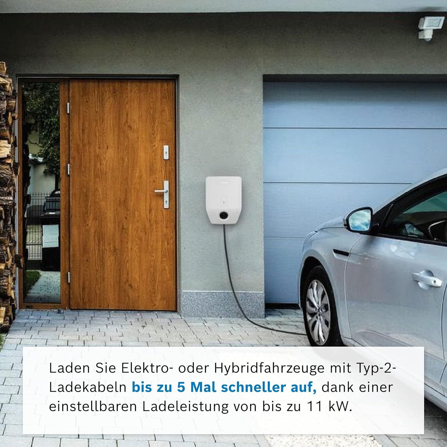 BOSCH Elektroauto-Ladestation Power Charge 7000i, Wallbox 11kW / 16A, 1-phasig, 3-phasig, Wallbox inkl. fest integriertem 7,5 m Typ-2-Ladekabel, 2 RFID-Karten, bis 11 kW Ladeleistung Ladestrom 6–16 A einstellbar