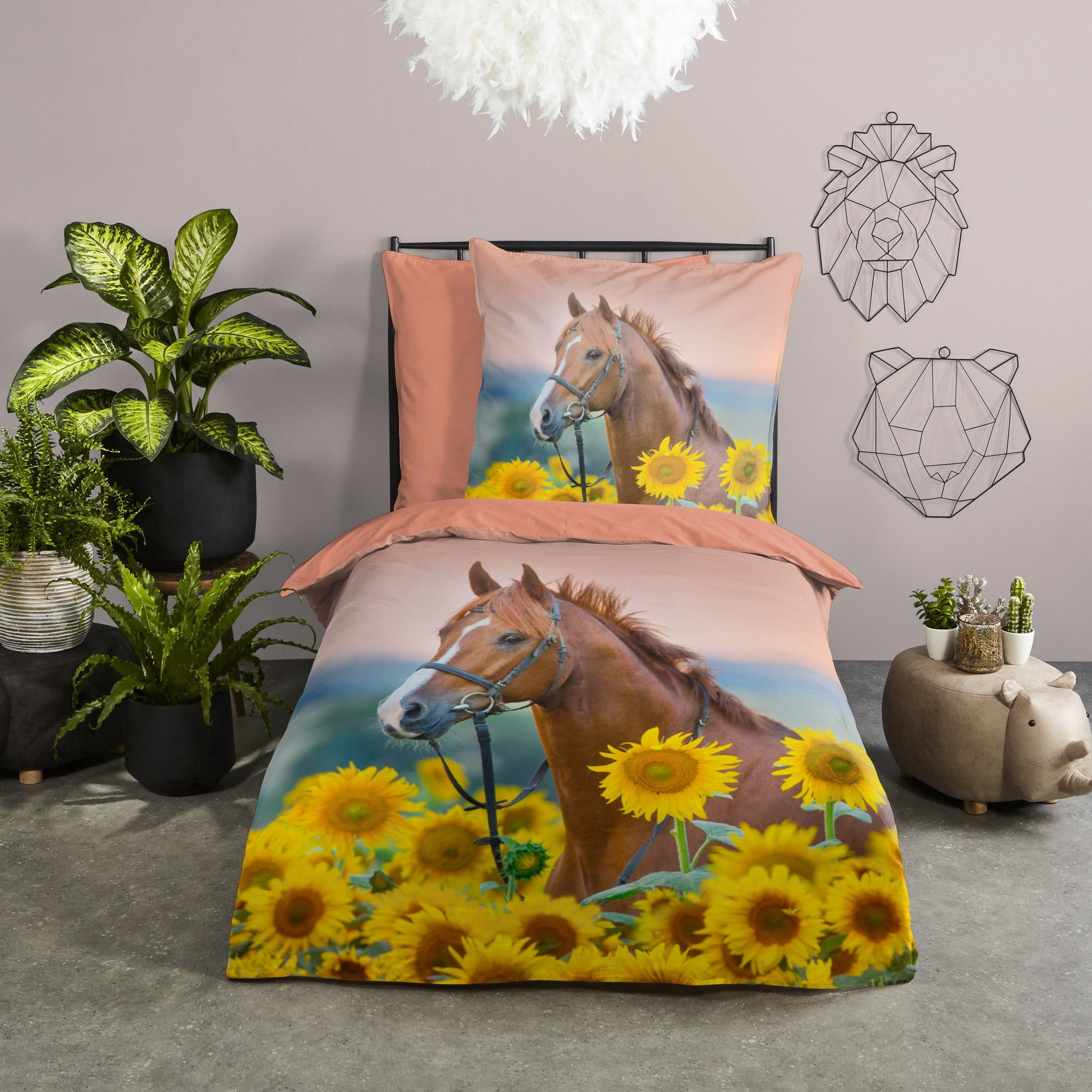 Bettwäsche Pferde Sonnenblumen 135x200 + 80x80 cm, 100 % Baumwolle,  MTOnlinehandel, Renforcé, 2 teilig, Bettwäsche-Set mit Pferdemotiv