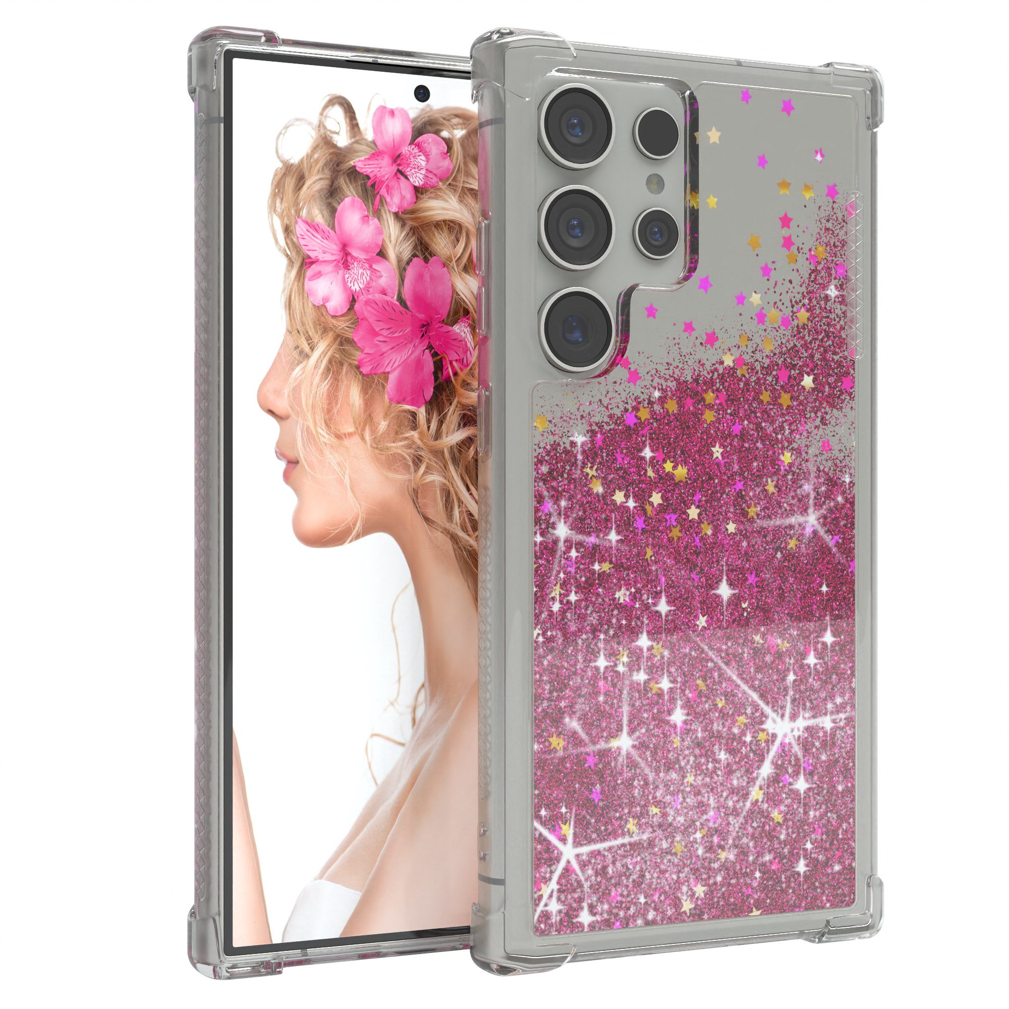 EAZY CASE Handyhülle Liquid Glittery Case für Samsung Galaxy S24 Ultra 6,8 Zoll, Glitzerhülle Shiny Slimcover stoßfest Durchsichtig Bumper Case Pink