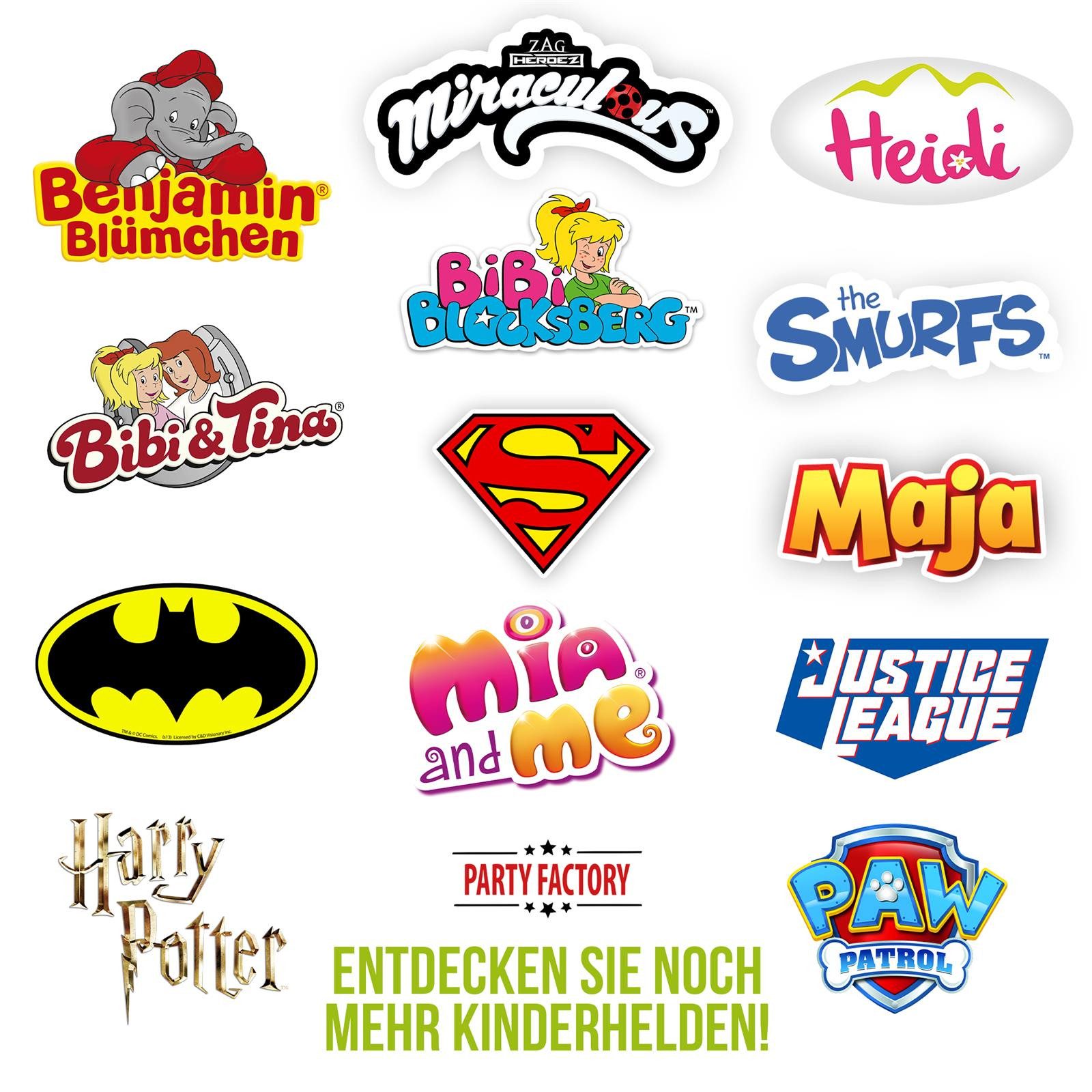 Party Factory Dekoteller Benjamin Blümchen XL Party-Set 42-teilig Einweggeschirr mit Raumdeko (Sparset, 10 Becher, 10 Teller, 20 Servietten, Wimpelkette und Tischdecke), rundum Dekoration