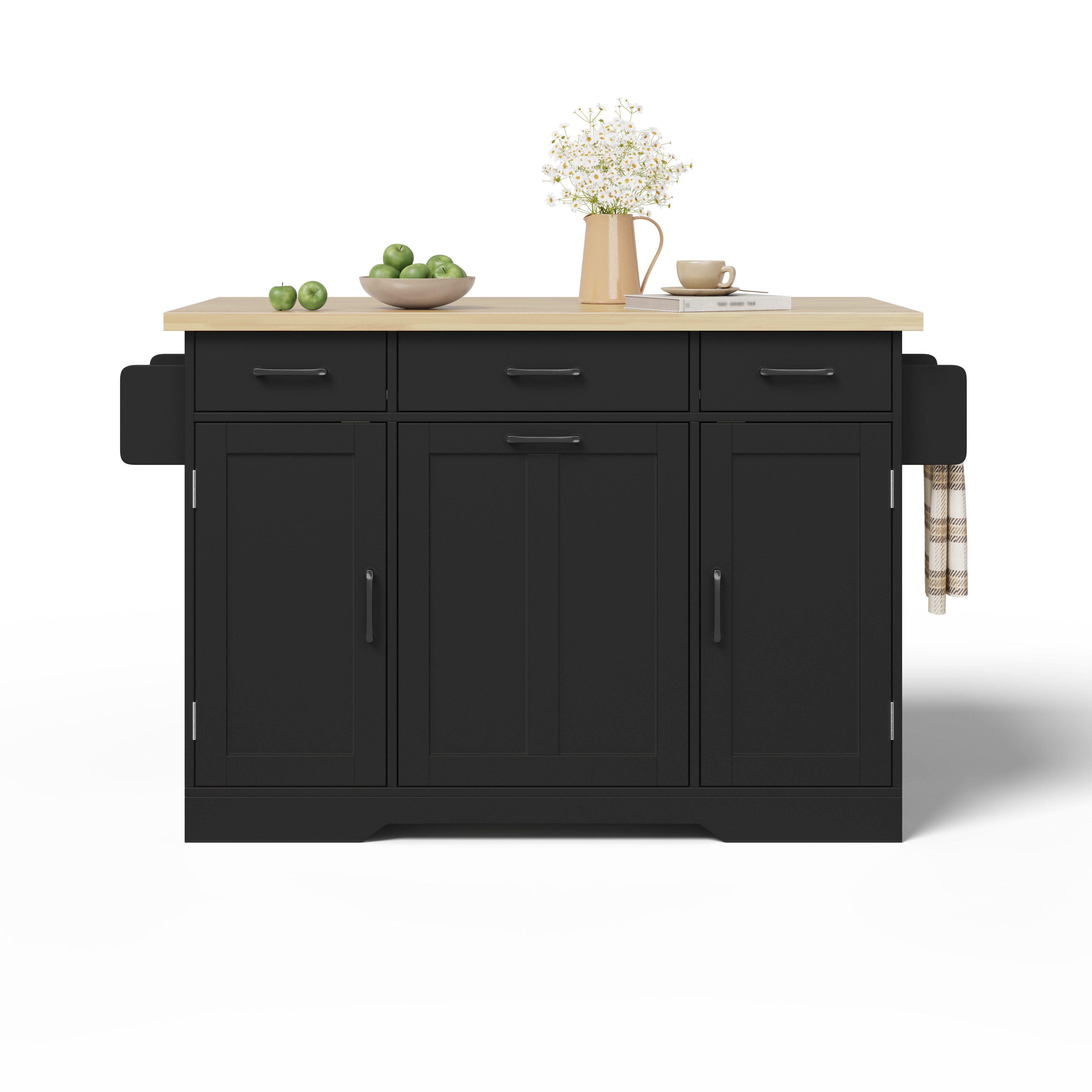 FANNOU Kücheninsel mit klappbarer Arbeitsplatte, Küchenwagen, Mülleimerschrank, 120×45/70×87cm, Buffetschrank mit Gewürzregal, Schublade und Rollen