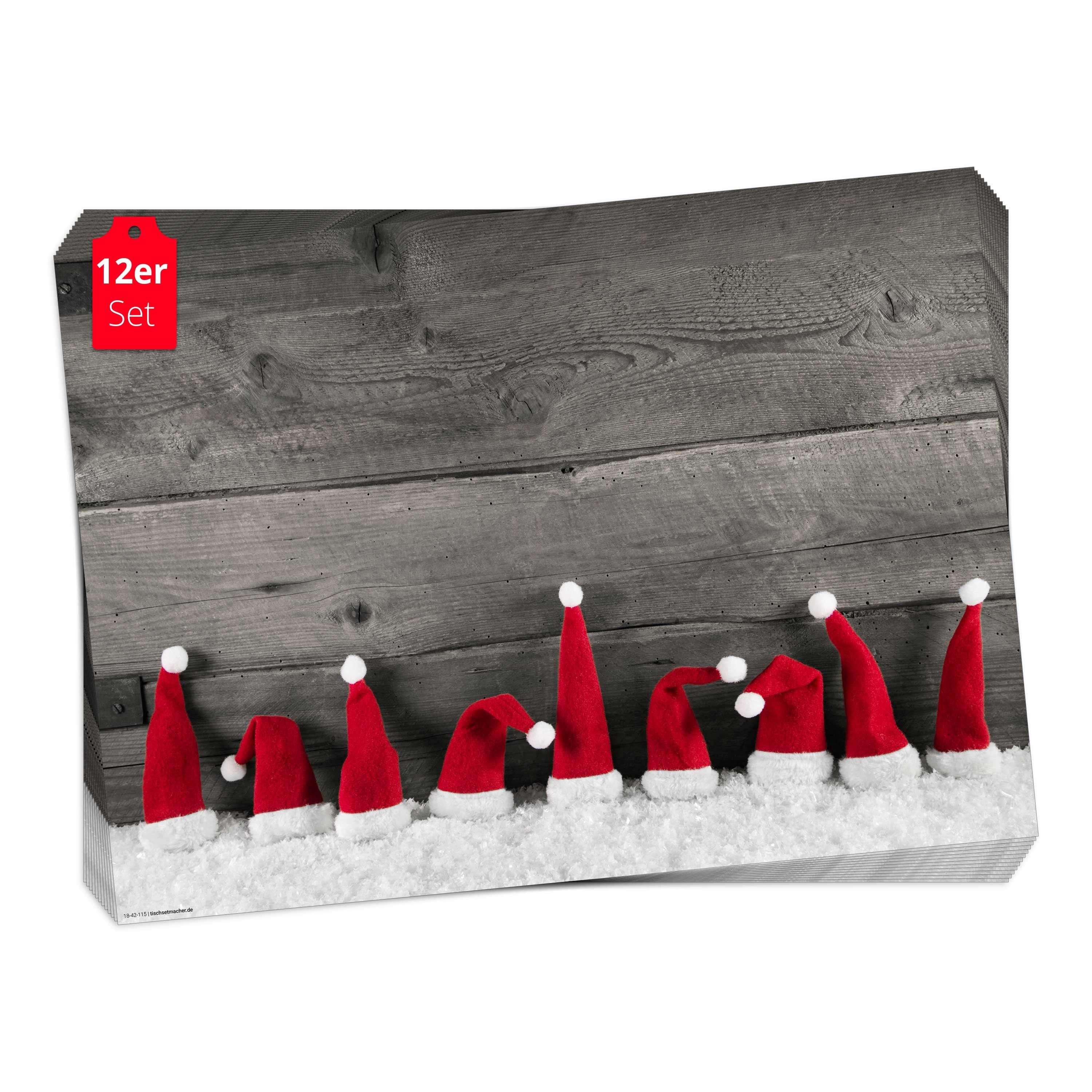 Tischsetmacher Platzset Tischsets I Platzsets - Weihnachten - Rote Zipfelmützen im Schnee, (aus Naturpapier in Aufbewahrungsmappe, 12-St., 44 x 32 cm / rot), Made in Germany