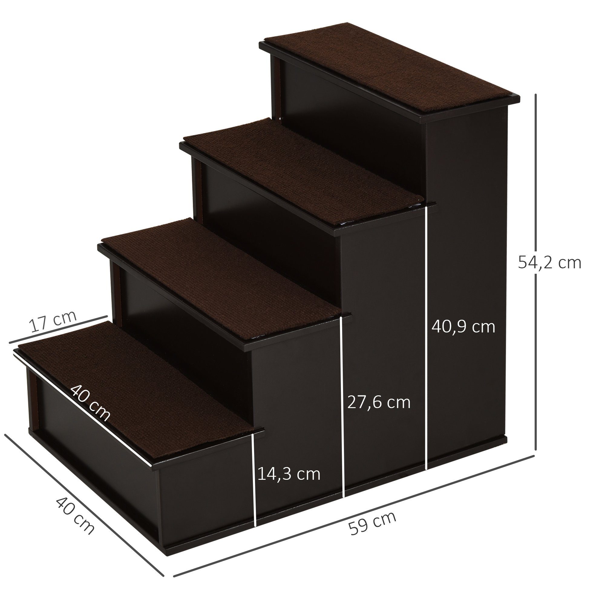 PawHut Haustiertreppe 4-stufige Hundetreppe Katzentreppe mit rutschfester Matte (Tiertreppe, 1-St., Haustierleiter), Dunkelbraun 40 x 59 x 54,2 cm
