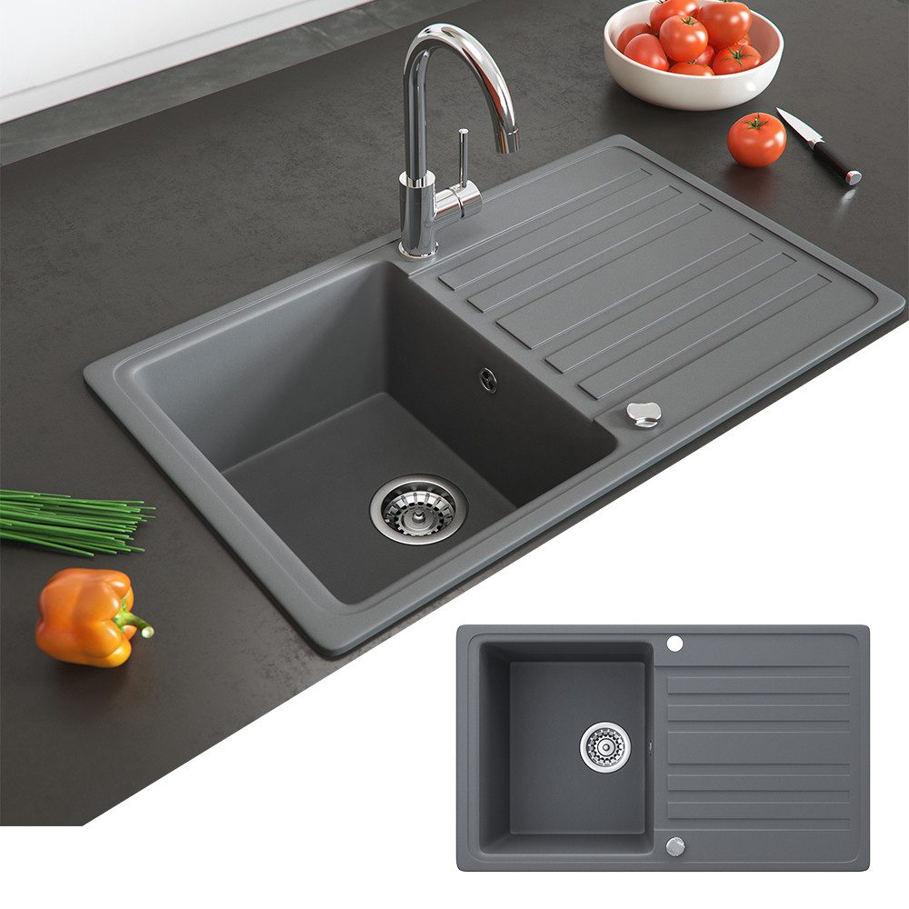Bergstroem Granitspüle, Grau, 76 x 46 cm mit Trockenplatz, Rechteckig, 76.5/46 cm, beidseitig montierbar, (1 St)