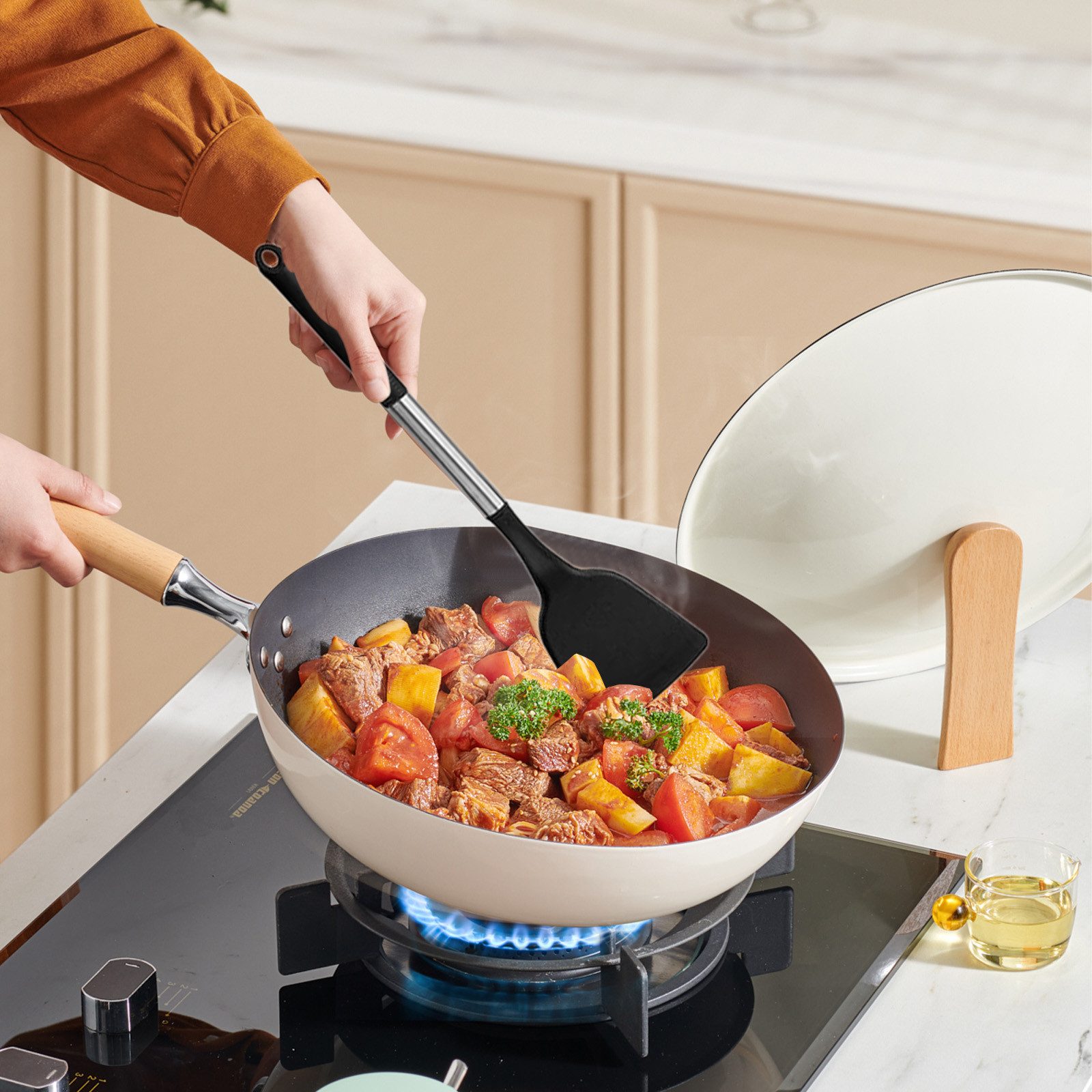 OKWISH Kochbesteck-Set 12er Küchenhelfer Set Kochgeschirr (Kochset Antihaft Hitzebeständig mit Utensilienhalter und Aufhängeloch, 12-tlg., Kochbesteck, Silikon, – Bild 2 von 5