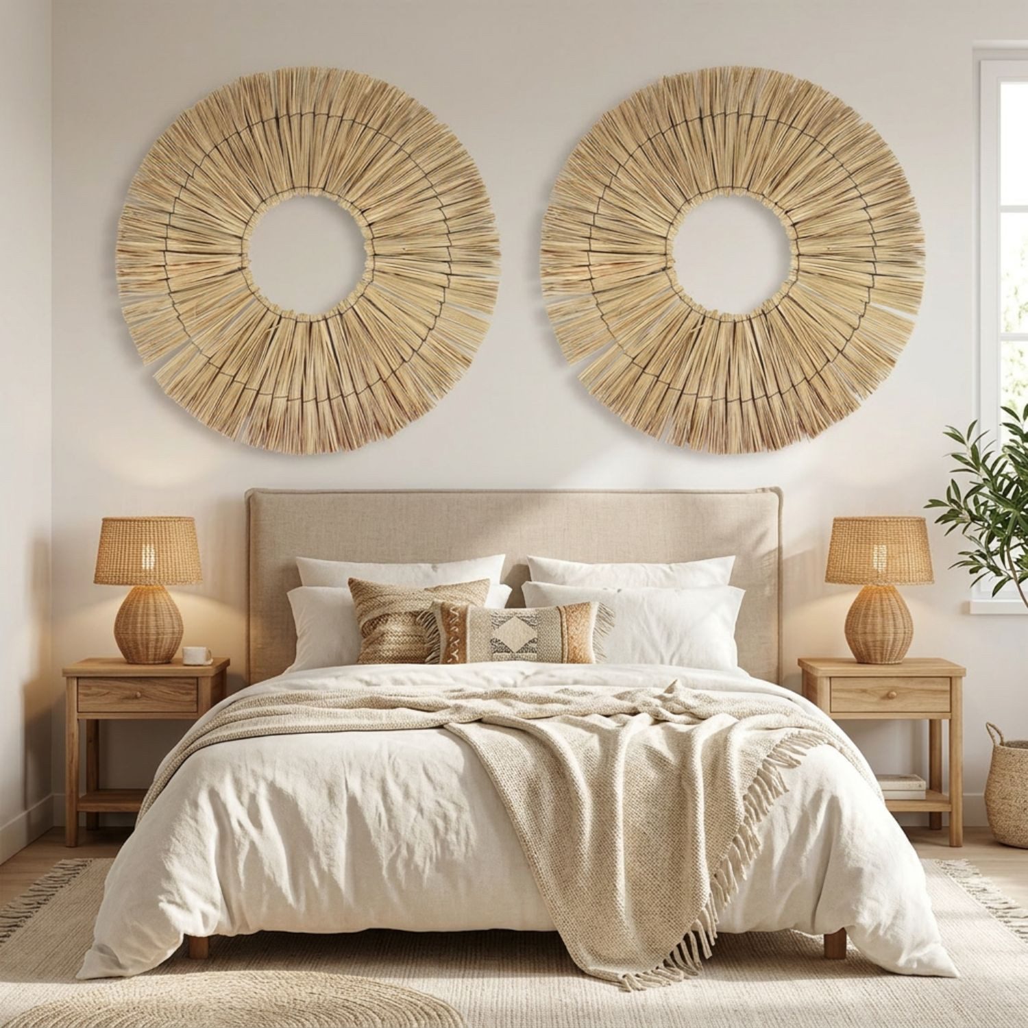 Marrakesch Orient & Mediterran Interior Wanddekoobjekt Wanddeko Boho Rattan 2er Set, Runde Natur Wanddekoration 58cm (2 St), Handarbeit