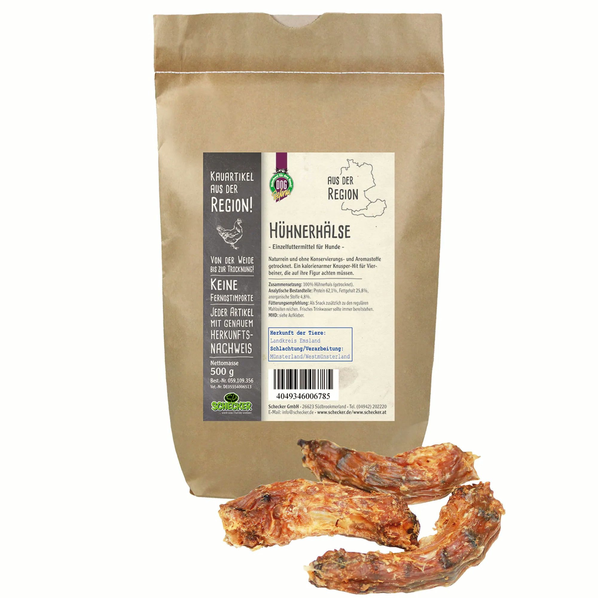 Schecker Schecker Hühnerhälse (Geflügel-Schlund) - Aus der Region - Huhn, Leckerli für: Hunde, Verpackungen aus ungebleichtem Papier und Karton.