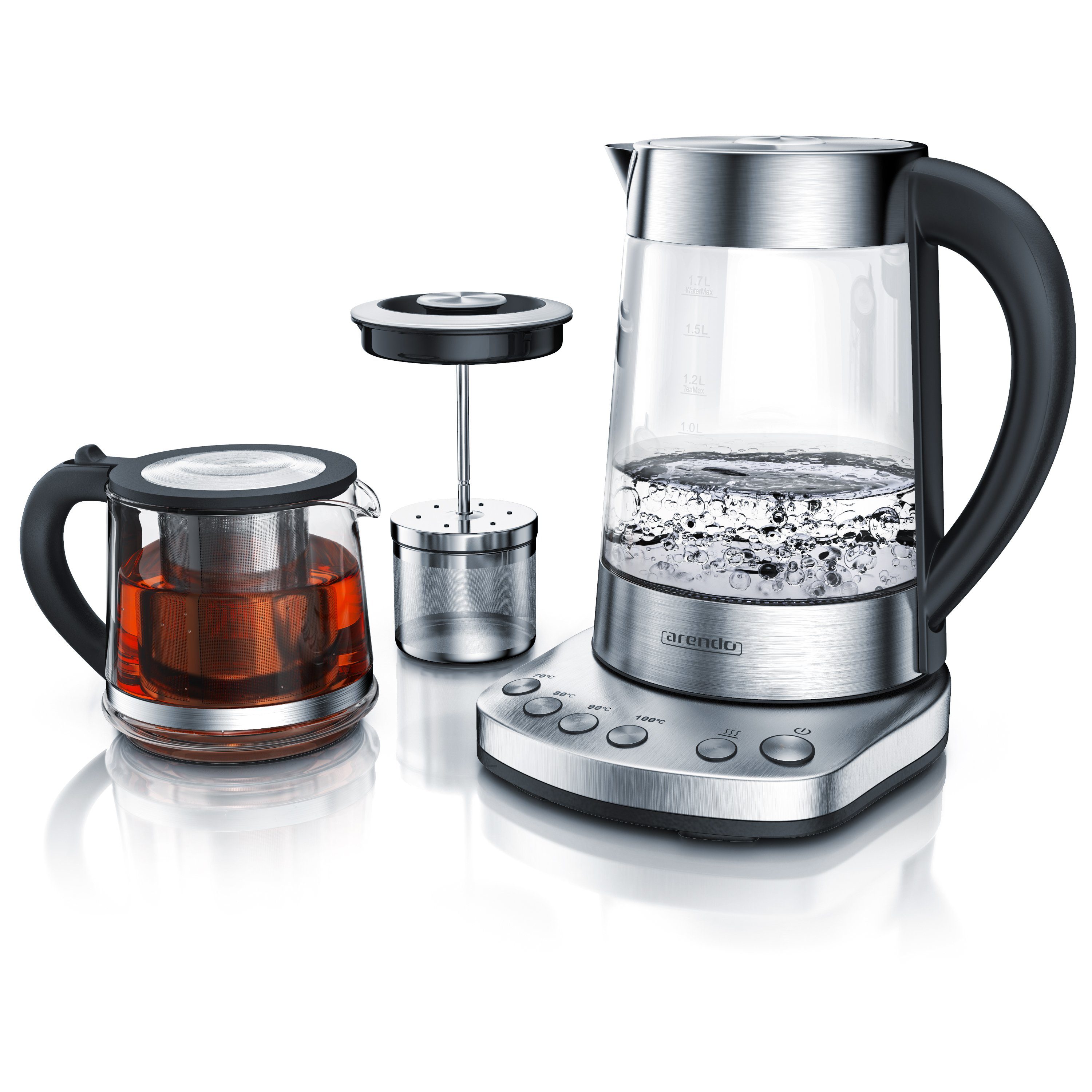 Arendo Wasserkocher Glas, Temperatureinstellung, Teesieb & Aufsatz, Türkischer Teekocher, 1,7 l, 2400 W, Edelstahl, Temperatureinstellung 70 - 100° C, Abschaltautomatik