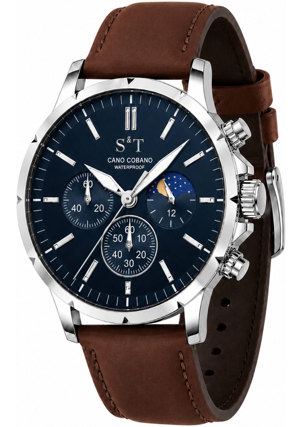 S&T Design Quarzuhr Herrenuhr Leder Chronograph Armbanduhr Braun Edelstahl Wasserdicht Cano Cobano, (Packung, 1-tlg., mit Uhrenbox), Männer Uhr Dunkel Blau Wasserdicht Business Uhr Leder Herren Geschenke