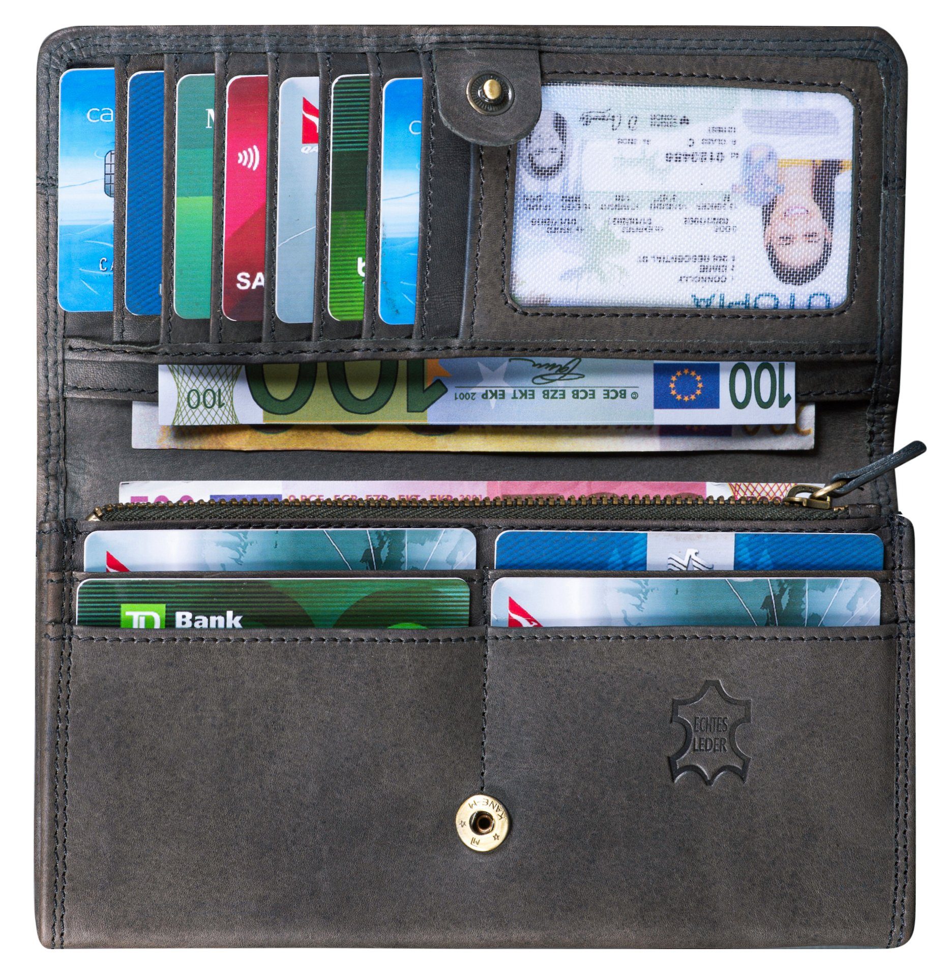 Benthill Geldbörse Damen Echt Leder RFID Portemonnaie mit vielen Kartenfächer Vintage, RFID-Schutz Kartenfächer Münzfach Reißverschlussfach – Bild 3 von 5