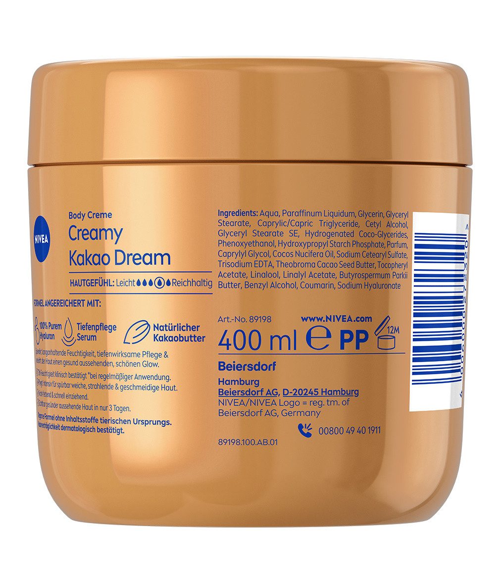 Nivea Feuchtigkeitscreme Body Kakao Dream 3x400ml, 3-tlg., 100% pures Hyaluron & natürliche Kakaobutter – Bild 3 von 5
