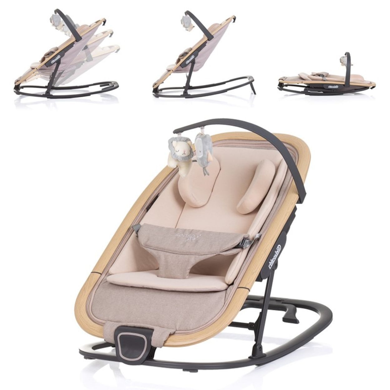 Chipolino Babywippe Babywippe Senso Holzoptik, Spielbogen Kopfstütze 3-Punkt-Gurt faltbar
