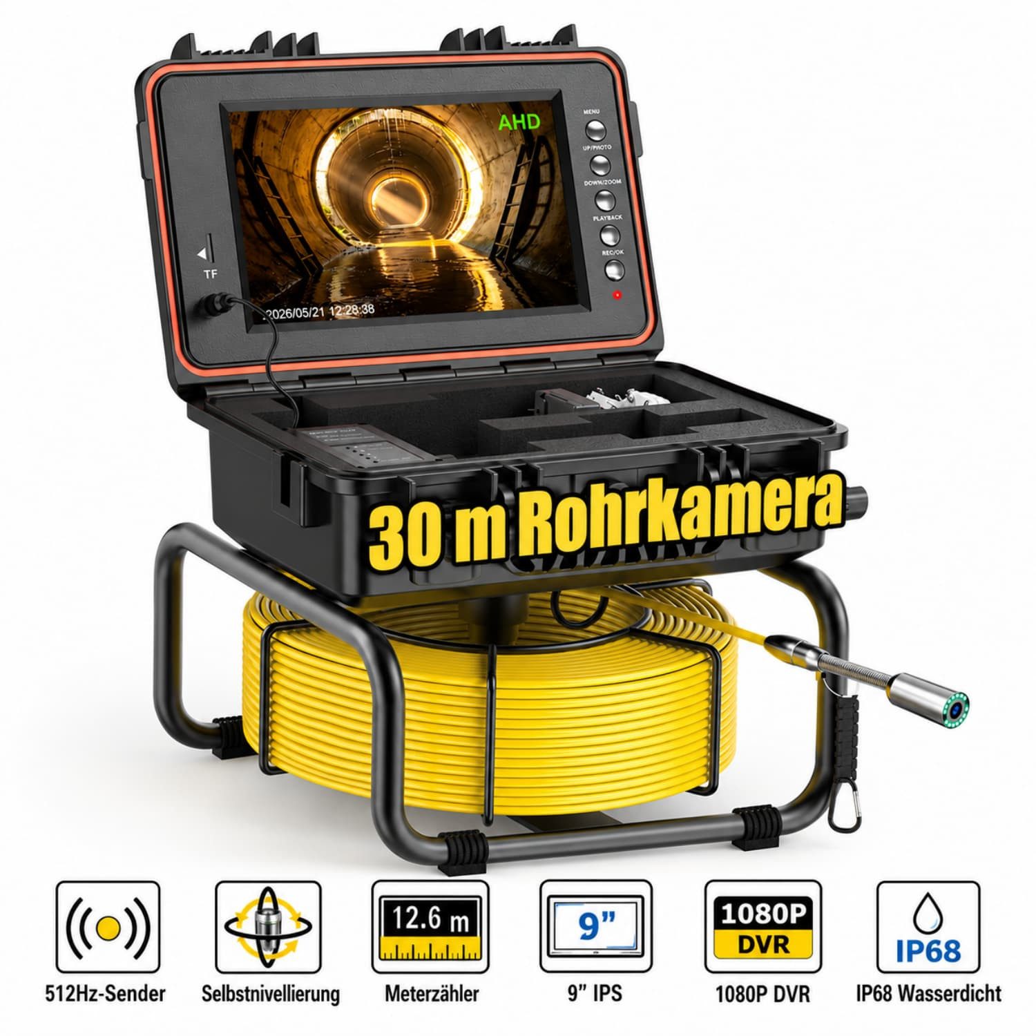 ANYSUN L09D1 Rohrkamera 30M Selbstnivellierung, 512-Hz-Sender & Meterzähler Inspektionskamera (Full HD, Kanalkamera mit wasserdichtem 23-mm-Kamerakopf & 12 dimmbaren LEDs, 9-Zoll-IPS-Monitor, 1080P DVR, 5-mm-Fiberglaskabel, 5100-mAh-Akku)