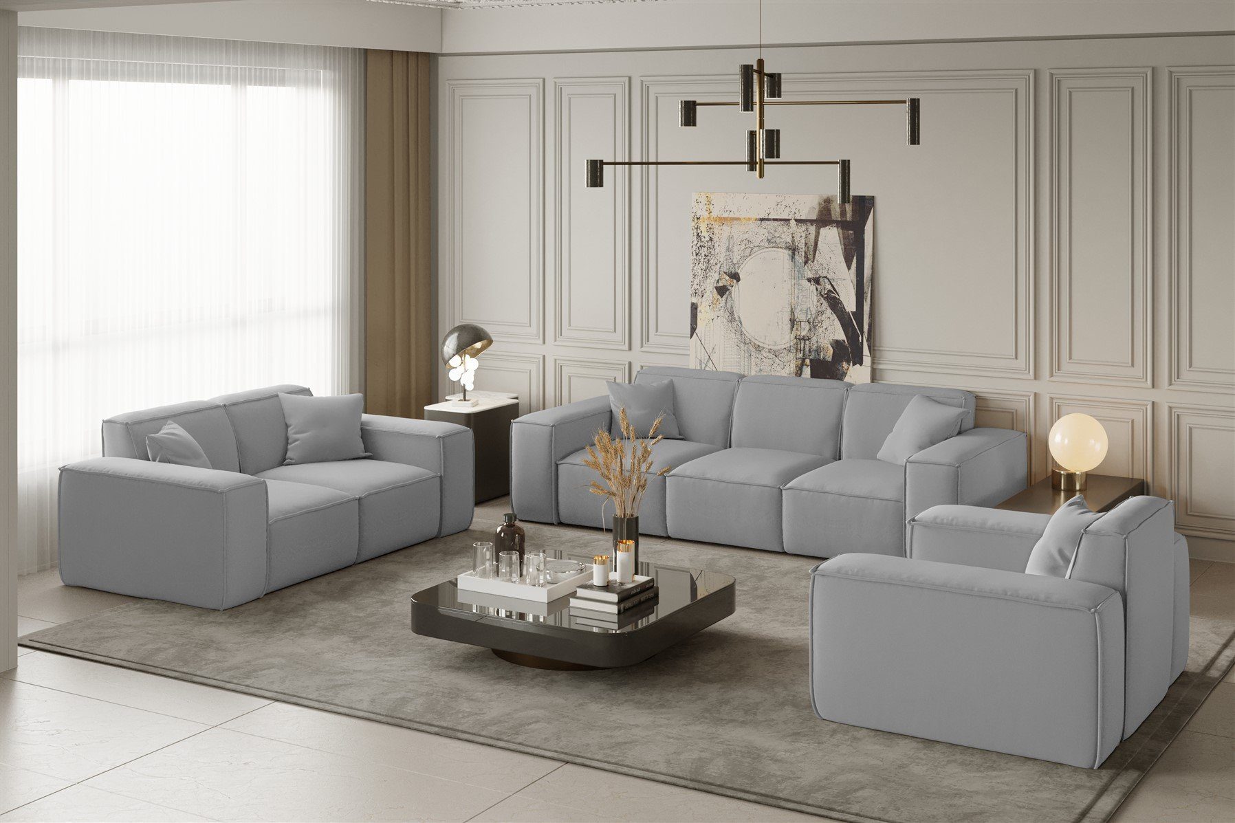 Fun Seite Möbel universal in CELES Designersofa inkl. Stoff, 3 Ecksofa Ecksofa Zierkissen