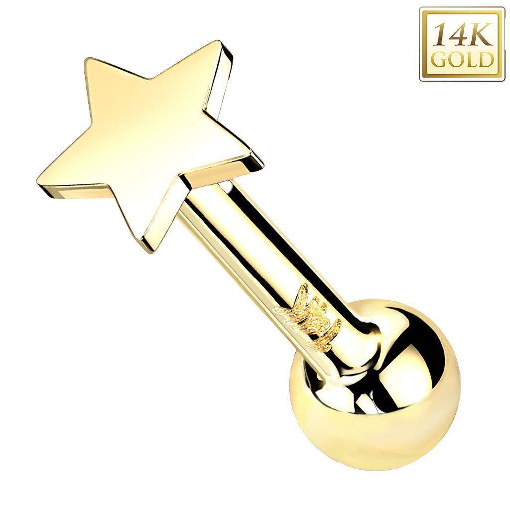 Taffstyle Piercing-Set 14K Gold Tragus Stern Aufsatz ohne Gewinde Gelbgold 1,2mm x 6mm x 4mm (Ohr Tragus Helix Lobe Daith Conch Orbital Snug Ohrring Piercing), Helix Ohr Piercing Stecker flacher Ohrpiercing Cartilage Knorpel Rook
