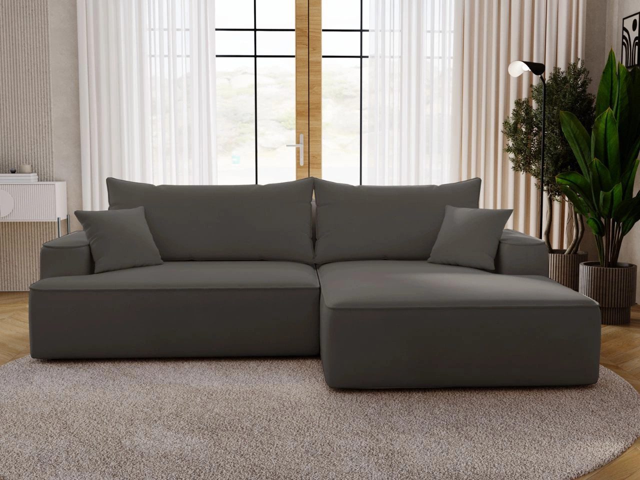 GrainGold Ecksofa L-Form CALIFORNIA mit Schlaffunktion & Bettkasten, Dunkelgrau, Rechts, Polyurethanschaum, Wellfedern