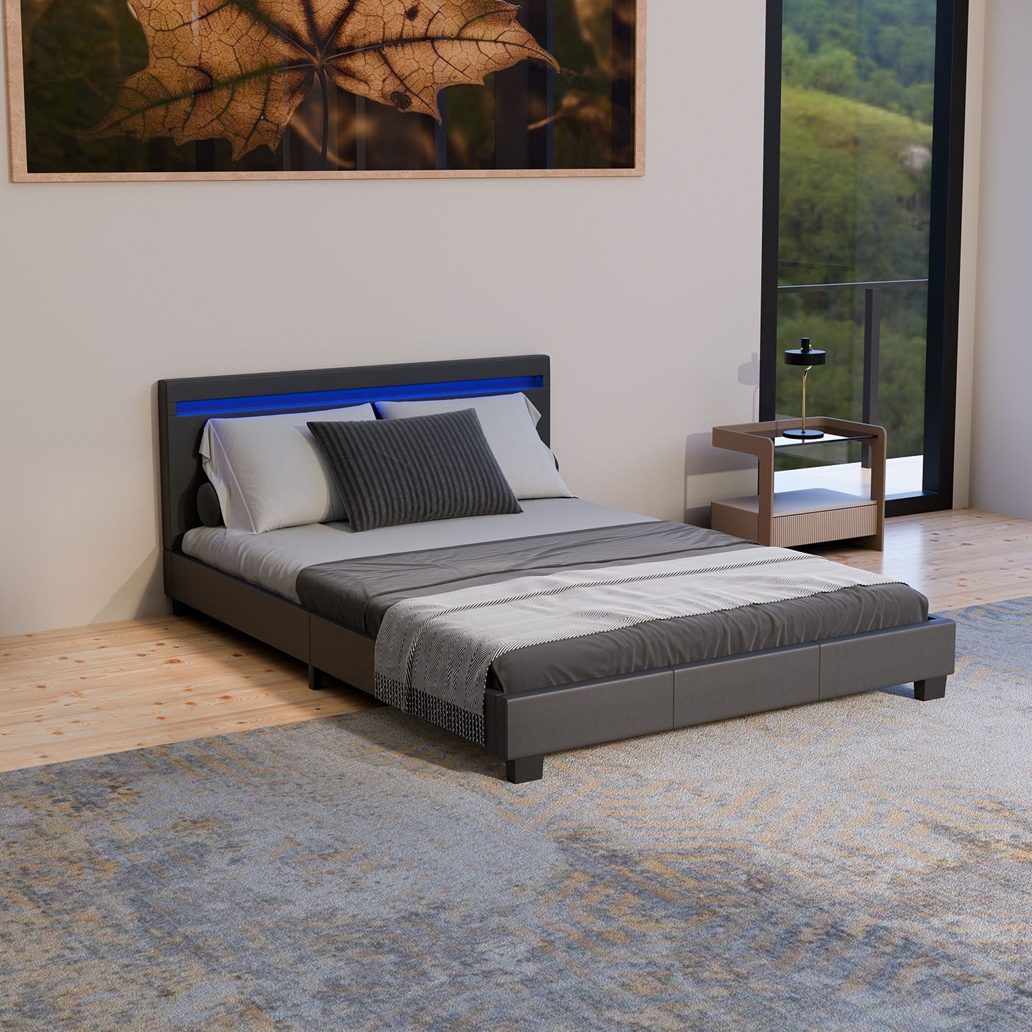 JUSKYS Polsterbett PARIS 140x200 cm, bunte LED-Beleuchtung - Einrichtungsbeispiel