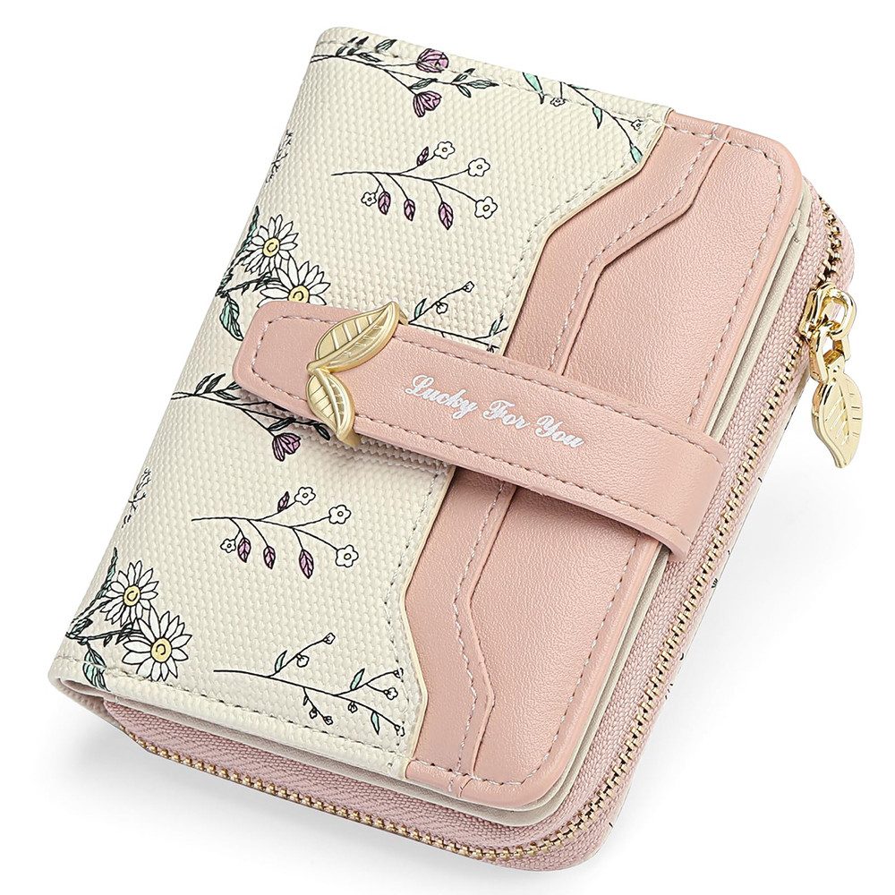 Zaewry Geldbörse Kleine Damen Geldbörse,modisch, niedlicher Margeriten-Aufdruck, Leder, Bifold, kompakt, RFID-geschützt, mit Reißverschlusstasche