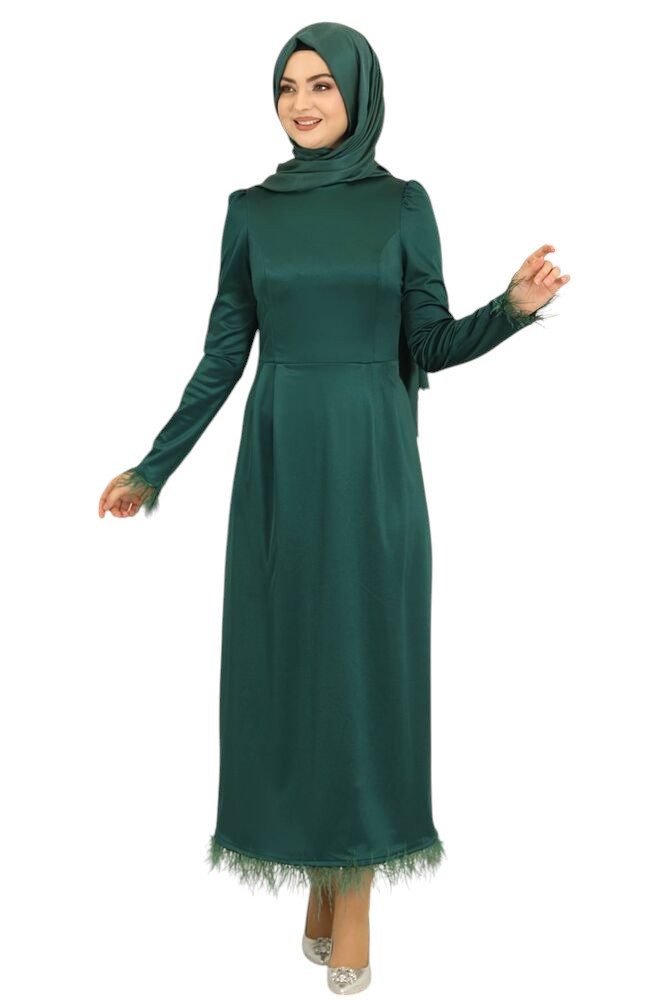 fashionshowcase Satinkleid Damen Abendkleid schlicht Abiye Abaya Modest Fashion Federdetails am Saum und an den Ärmelabschlüssen