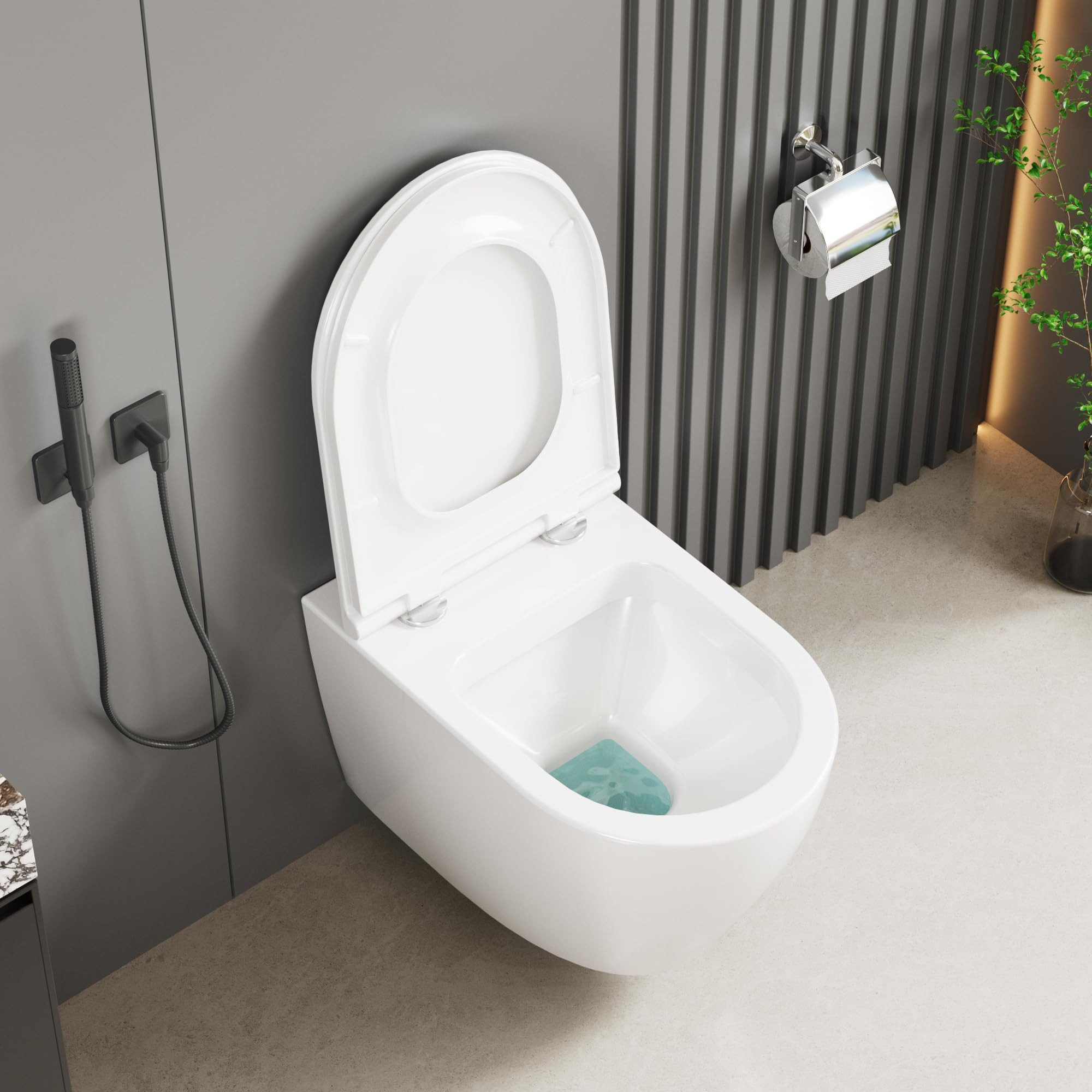 GarveeMore Tiefspül-WC mit 360° Rimless-Spülung, Soft-Close-Funktion, Schnelllösesystem, wandhängend, Abgang Wirbelspülung, aus Keramik, UF-Sitz (großes D-Desig – Bild 2 von 5