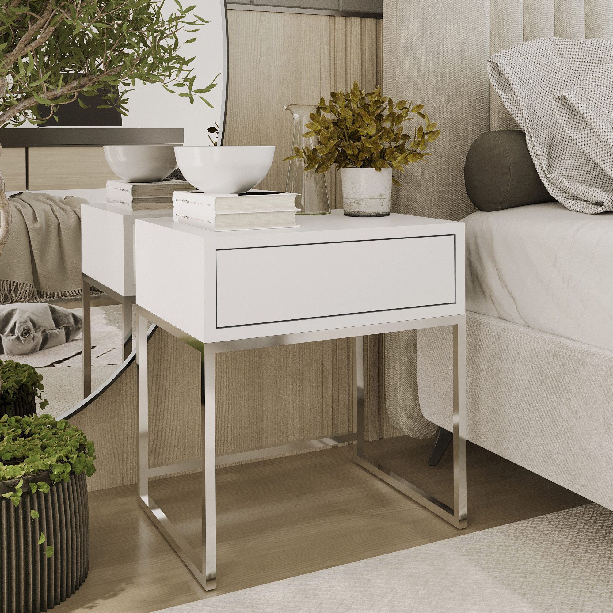 Design Möbel Nachttisch Moderner Nachttisch Glamour mit Schublade Schlafzimmer Metallgestell